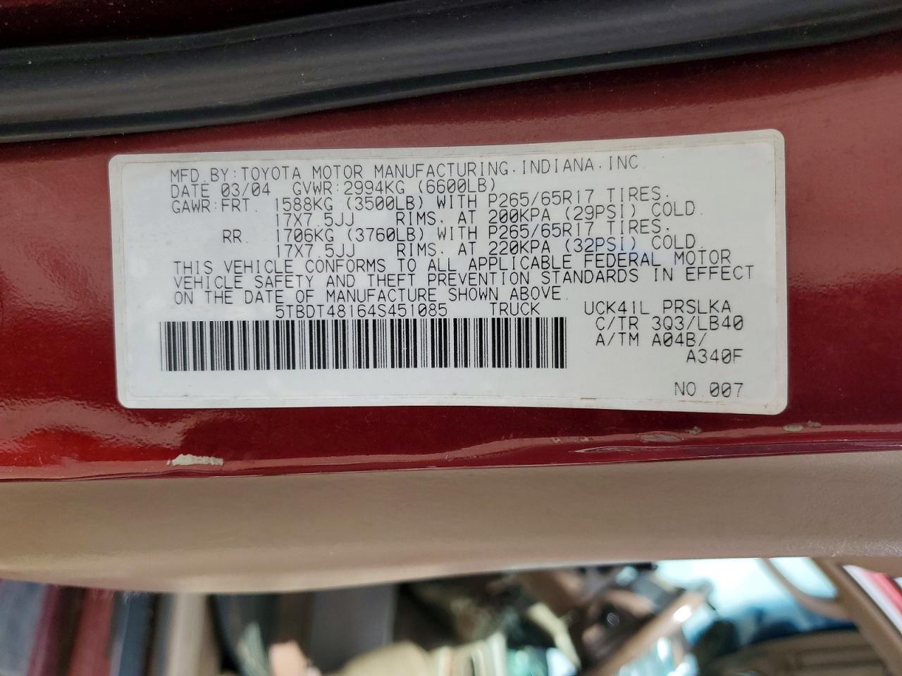 2004 Toyota Tundra Double Cab Limited Burgundy vin: 5TBDT48164S451085