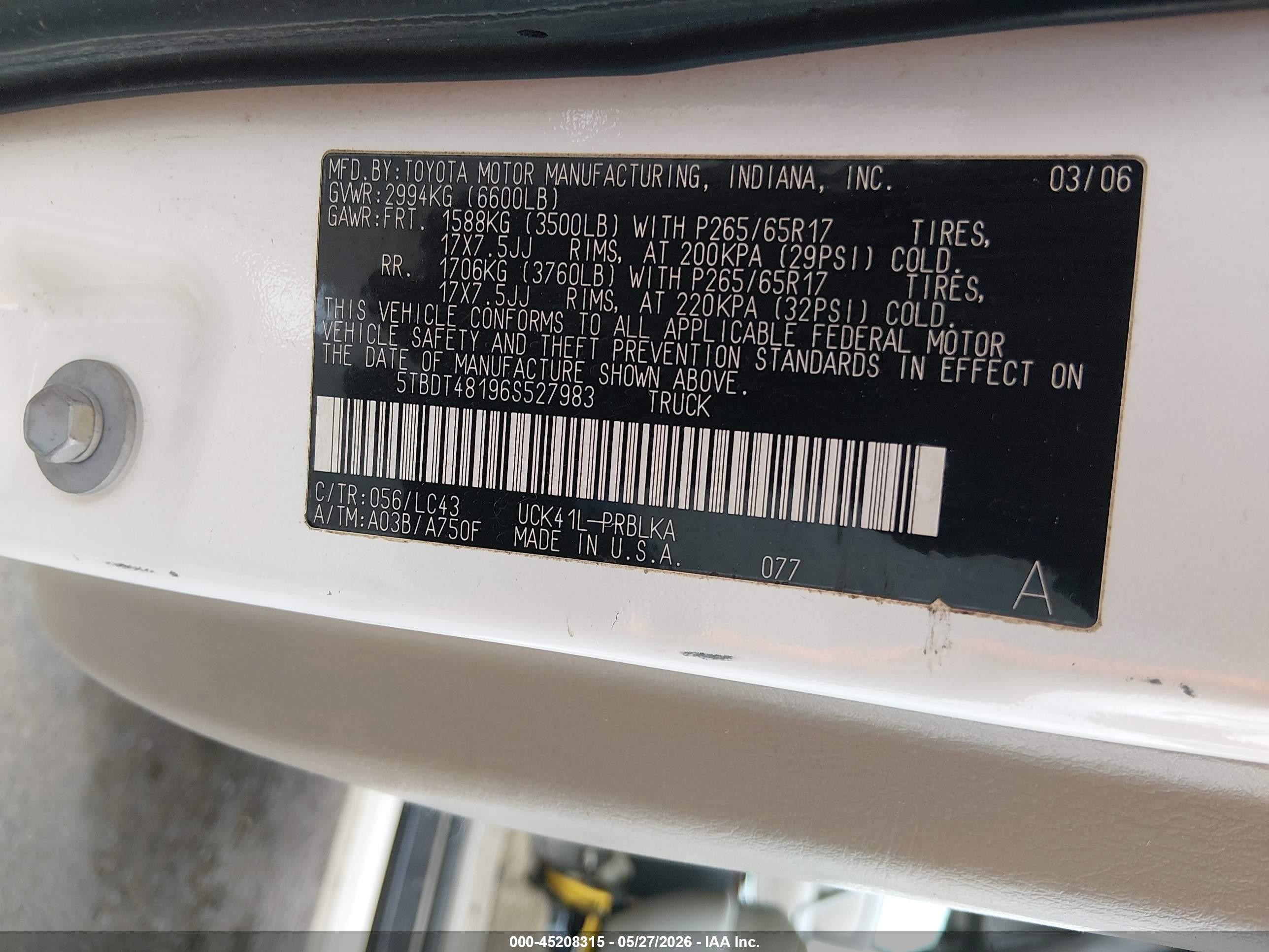 2006 Toyota Tundra Limited V8 White vin: 5TBDT48196S527983