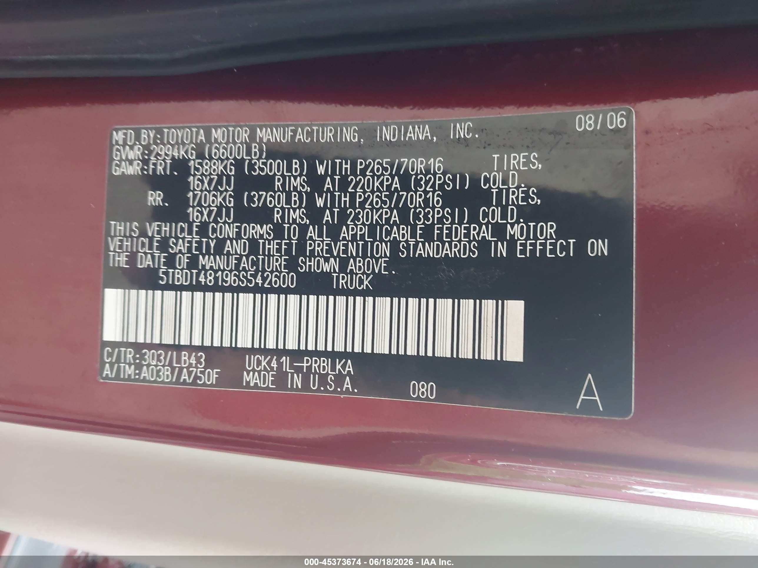2006 Toyota Tundra Limited V8 Red vin: 5TBDT48196S542600