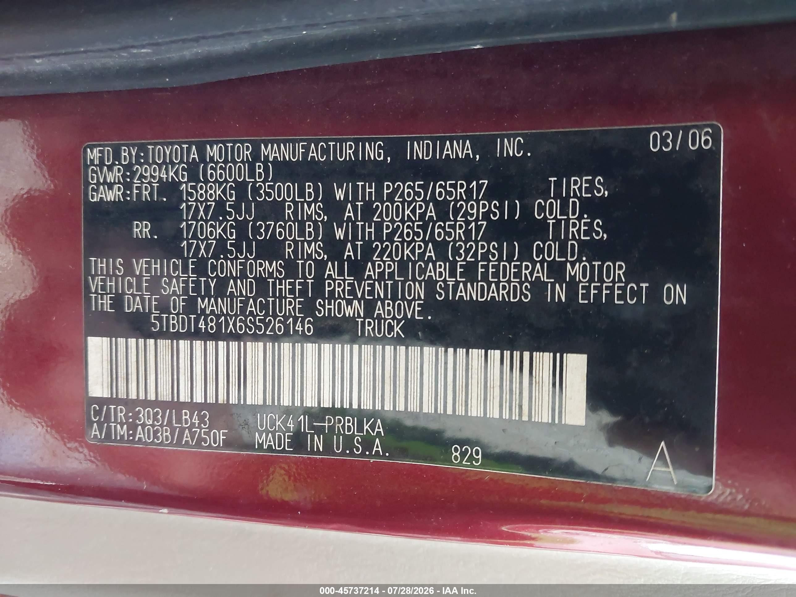 2006 Toyota Tundra Limited V8 Burgundy vin: 5TBDT481X6S526146