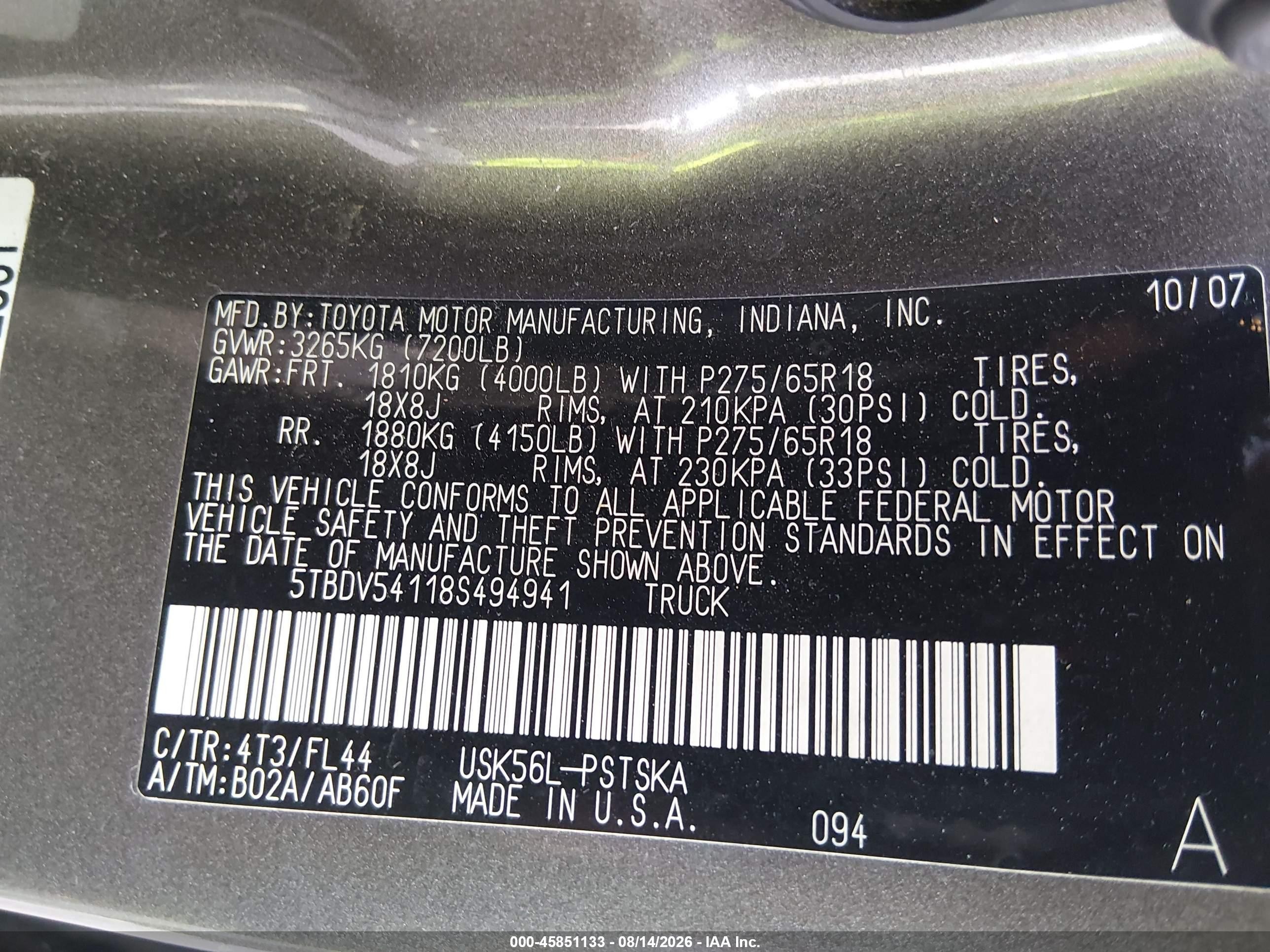 2008 Toyota Tundra Sr5 5.7l V8 Gray vin: 5TBDV54118S494941
