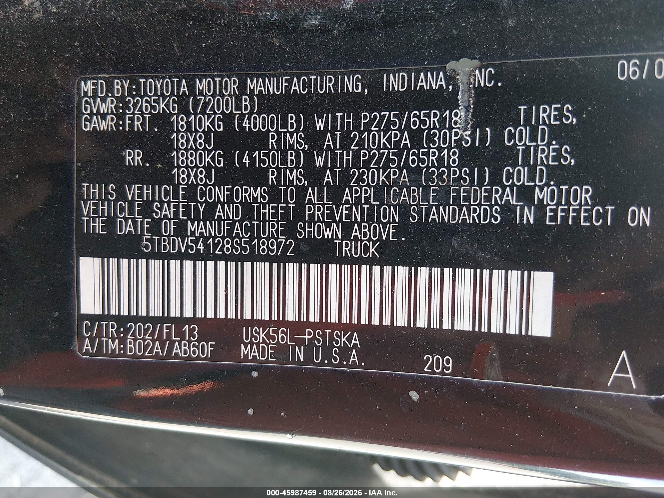 2008 Toyota Tundra Base 5.7l V8 Черный vin: 5TBDV54128S518972