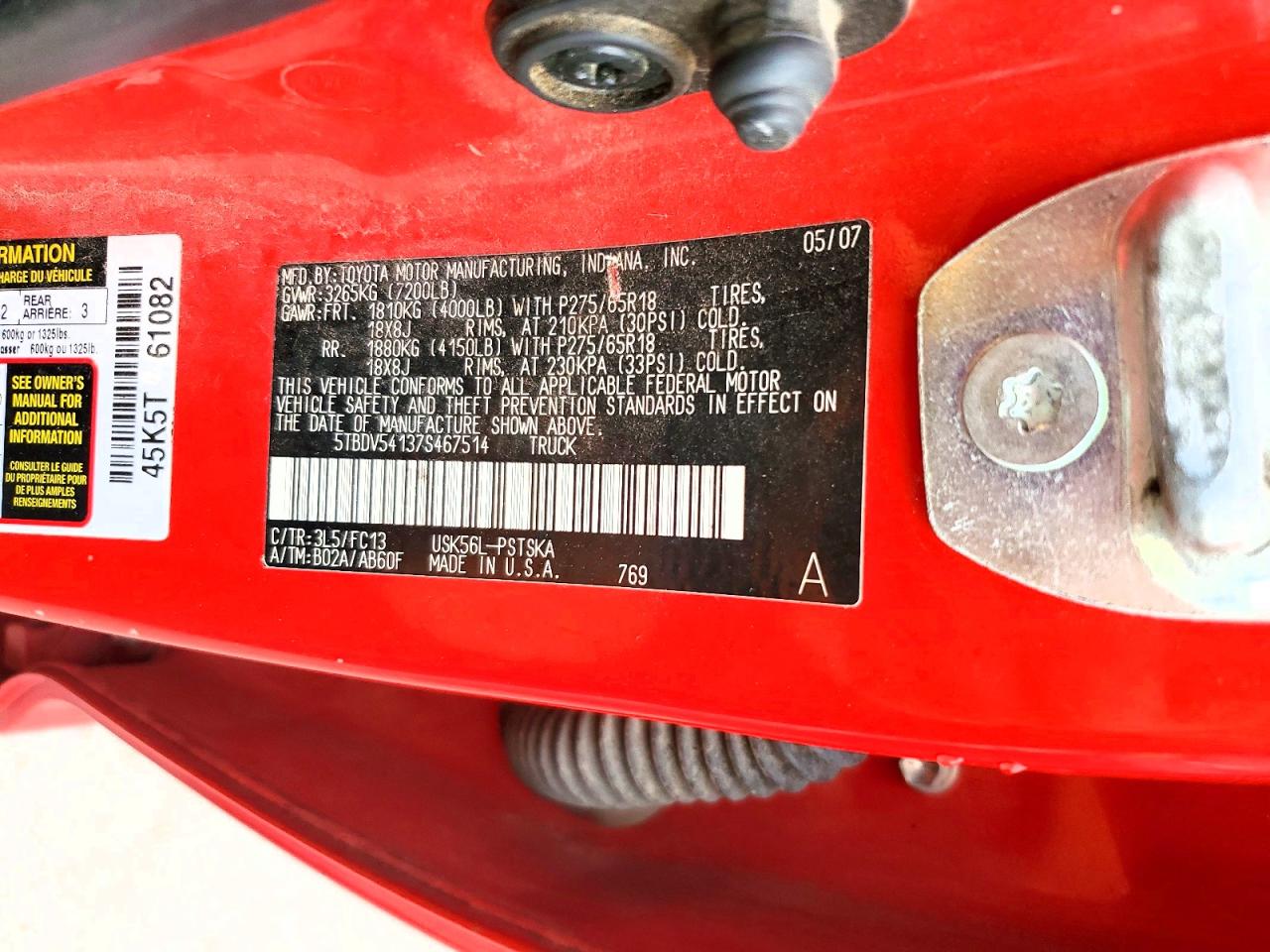 2007 Toyota Tundra Crewmax Sr5 Red vin: 5TBDV54137S467514