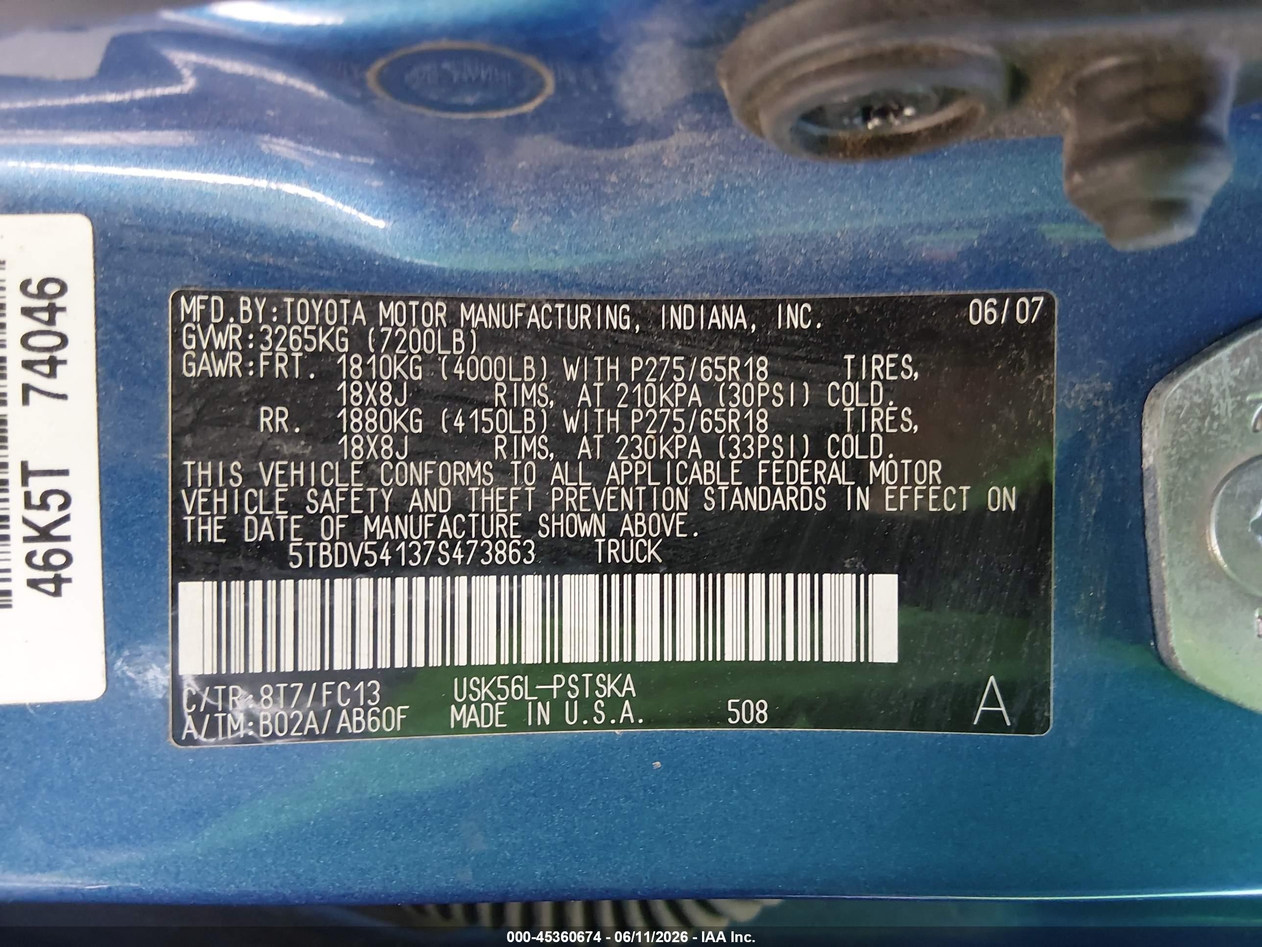 2007 Toyota Tundra Sr5 5.7l V8 Синий vin: 5TBDV54137S473863