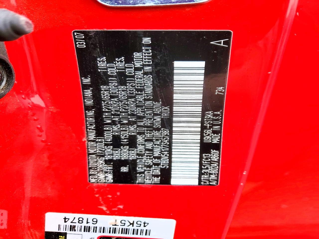 2007 Toyota Tundra Crewmax Sr5 Red vin: 5TBDV54177S457987
