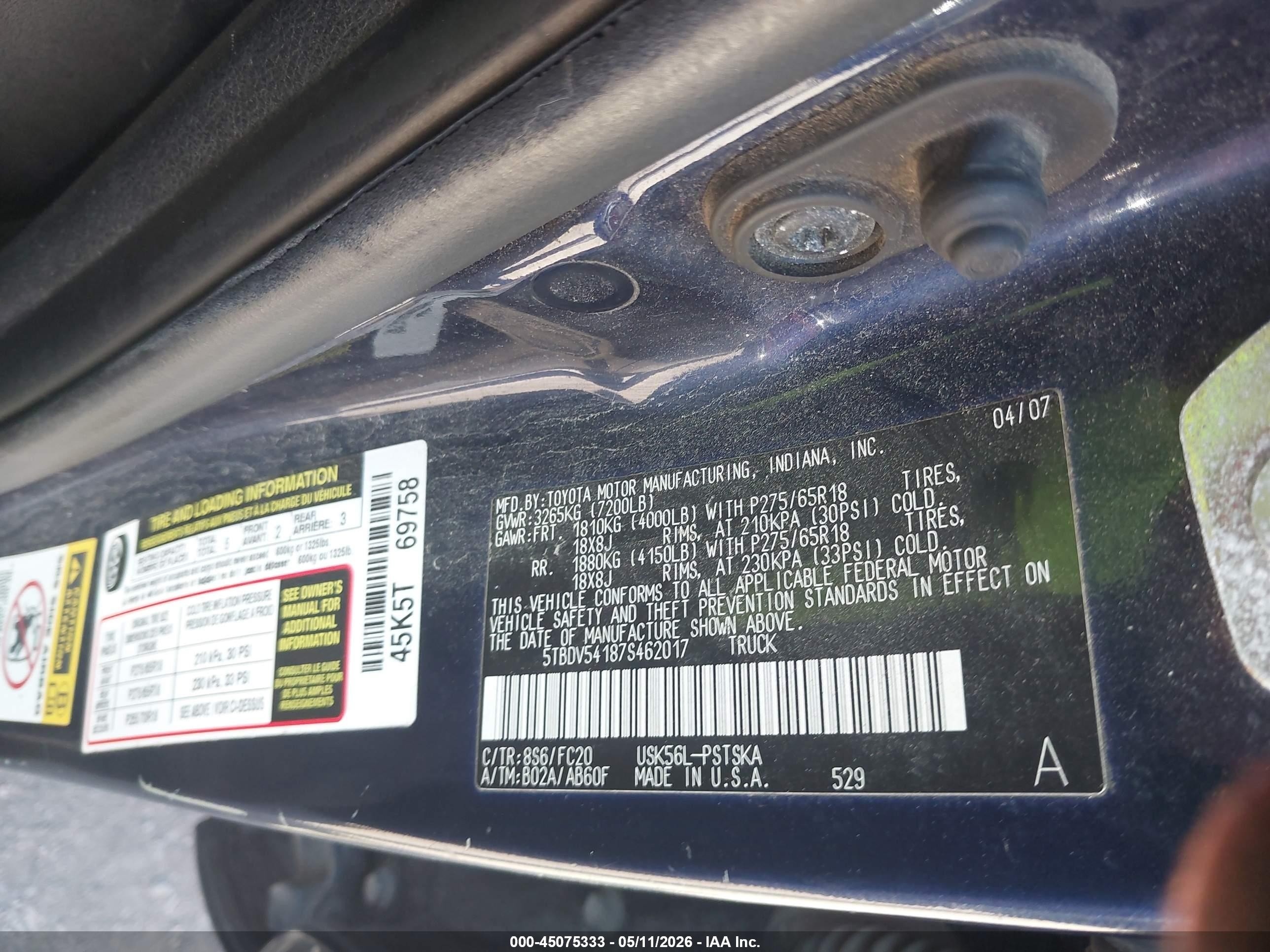 2007 Toyota Tundra Sr5 5.7l V8 Blue vin: 5TBDV54187S462017