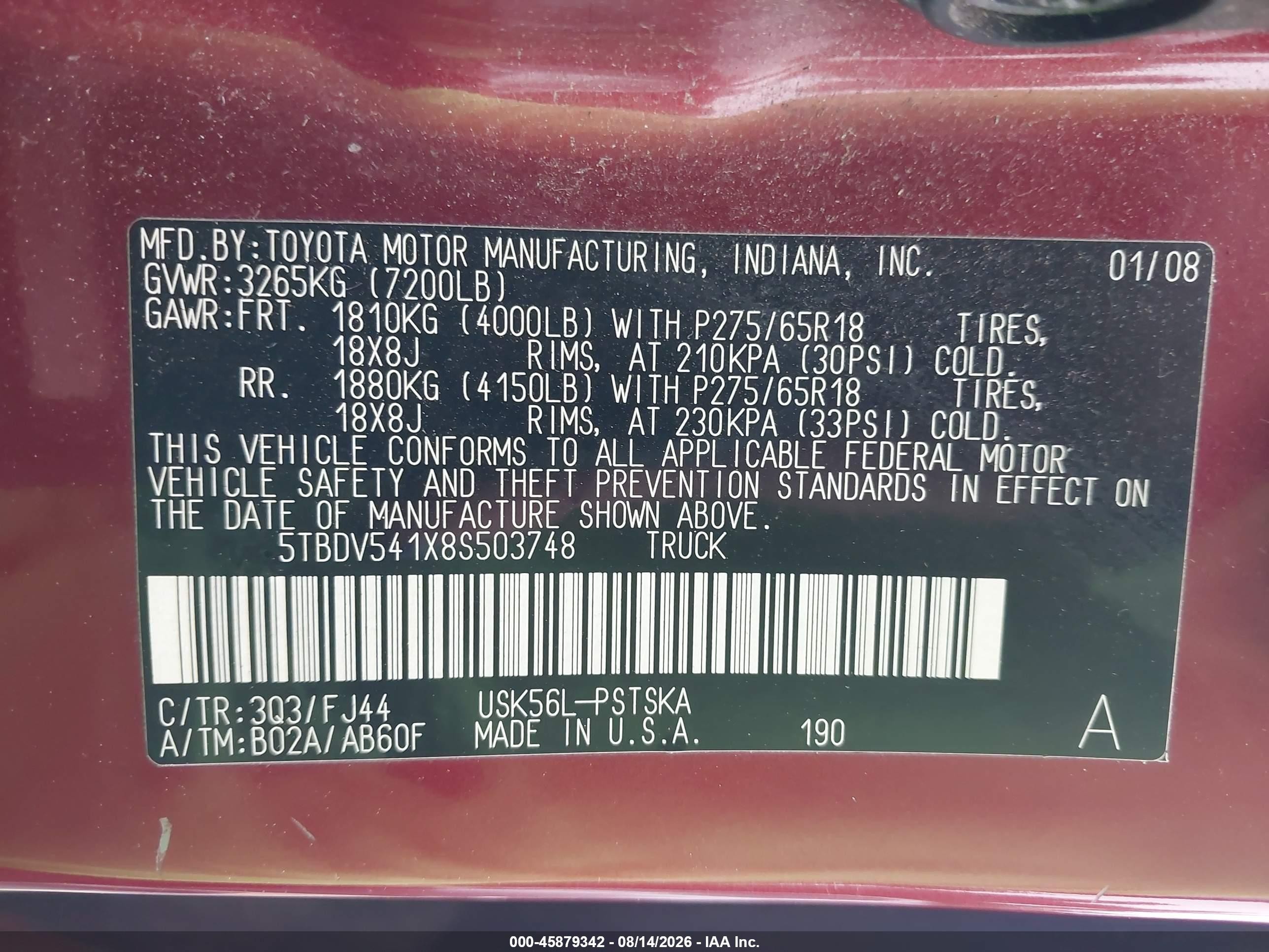 2008 Toyota Tundra Sr5 5.7l V8 Red vin: 5TBDV541X8S503748