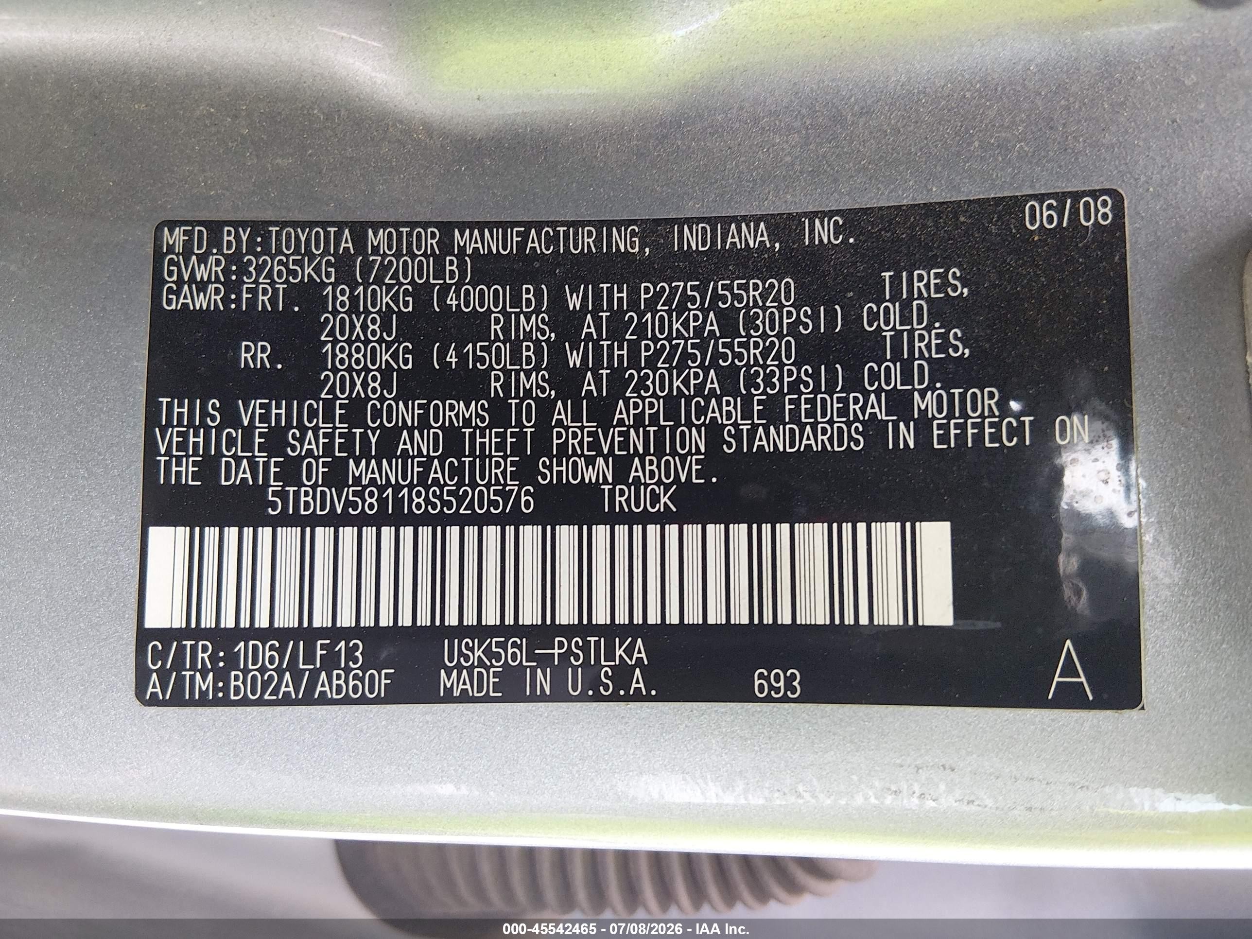 2008 Toyota Tundra Limited 5.7l V8 Silver vin: 5TBDV58118S520576