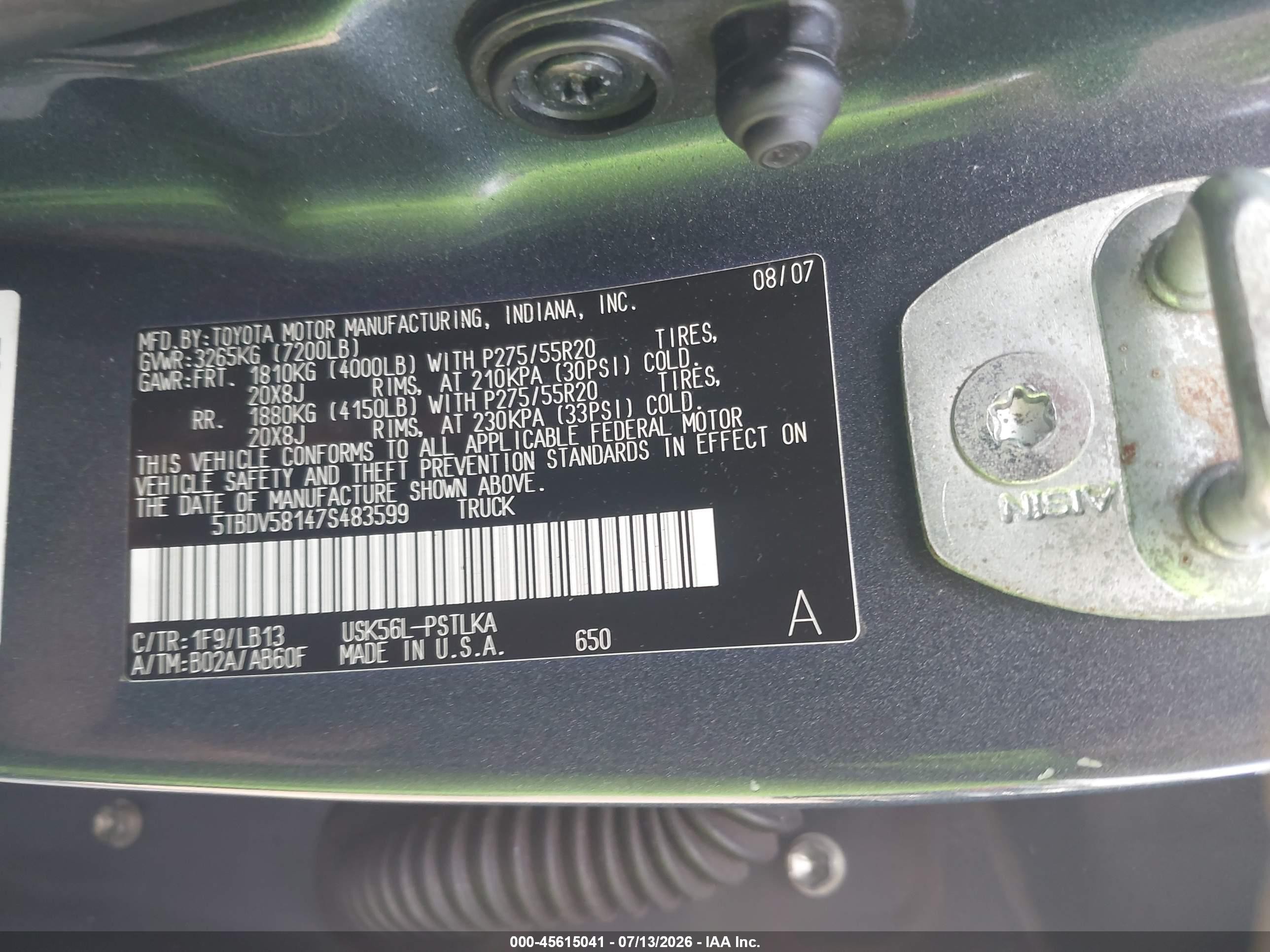 2007 Toyota Tundra Limited 5.7l V8 Silver vin: 5TBDV58147S483599