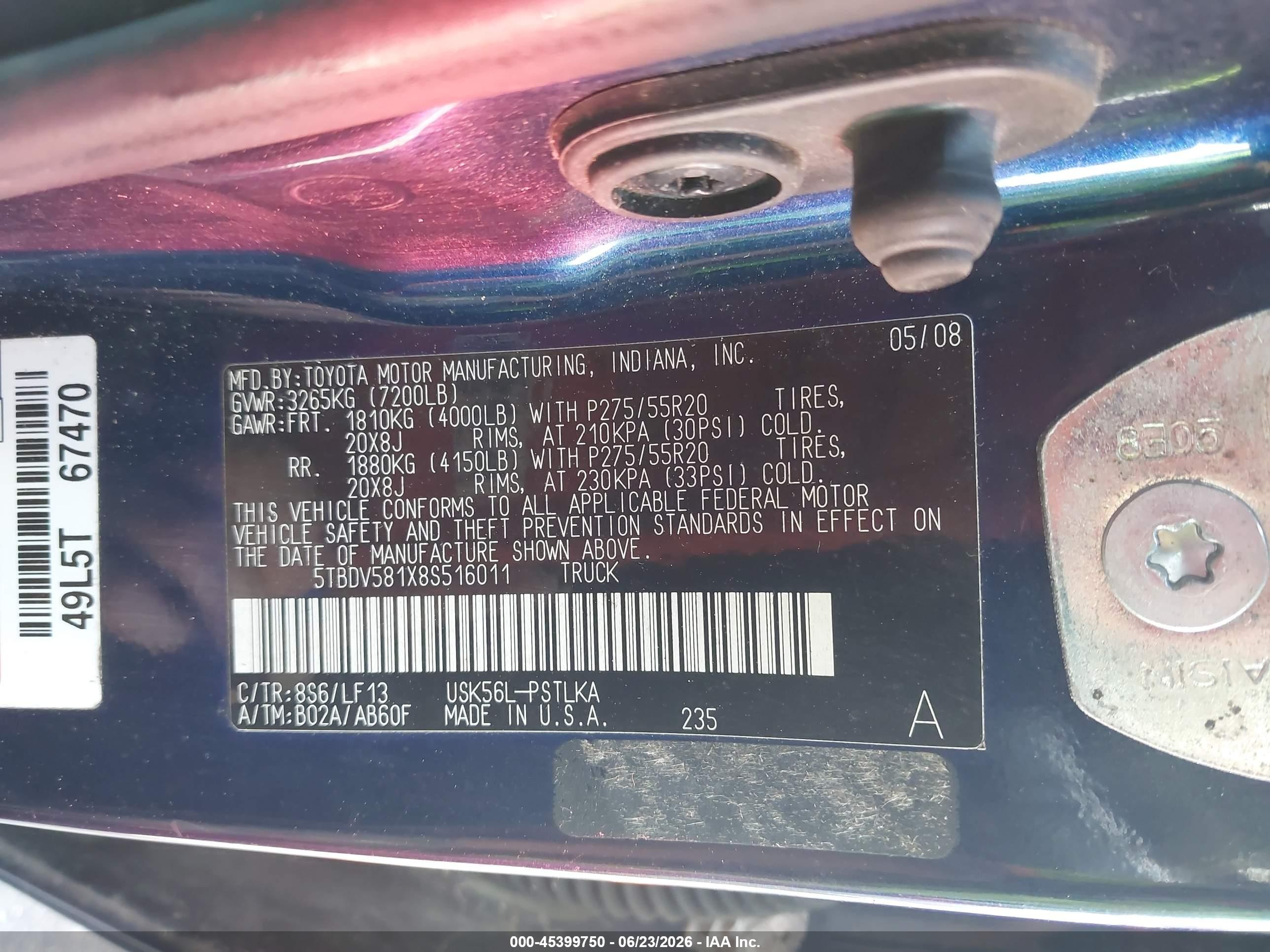 2008 Toyota Tundra Limited 5.7l V8 Dark Blue vin: 5TBDV581X8S516011