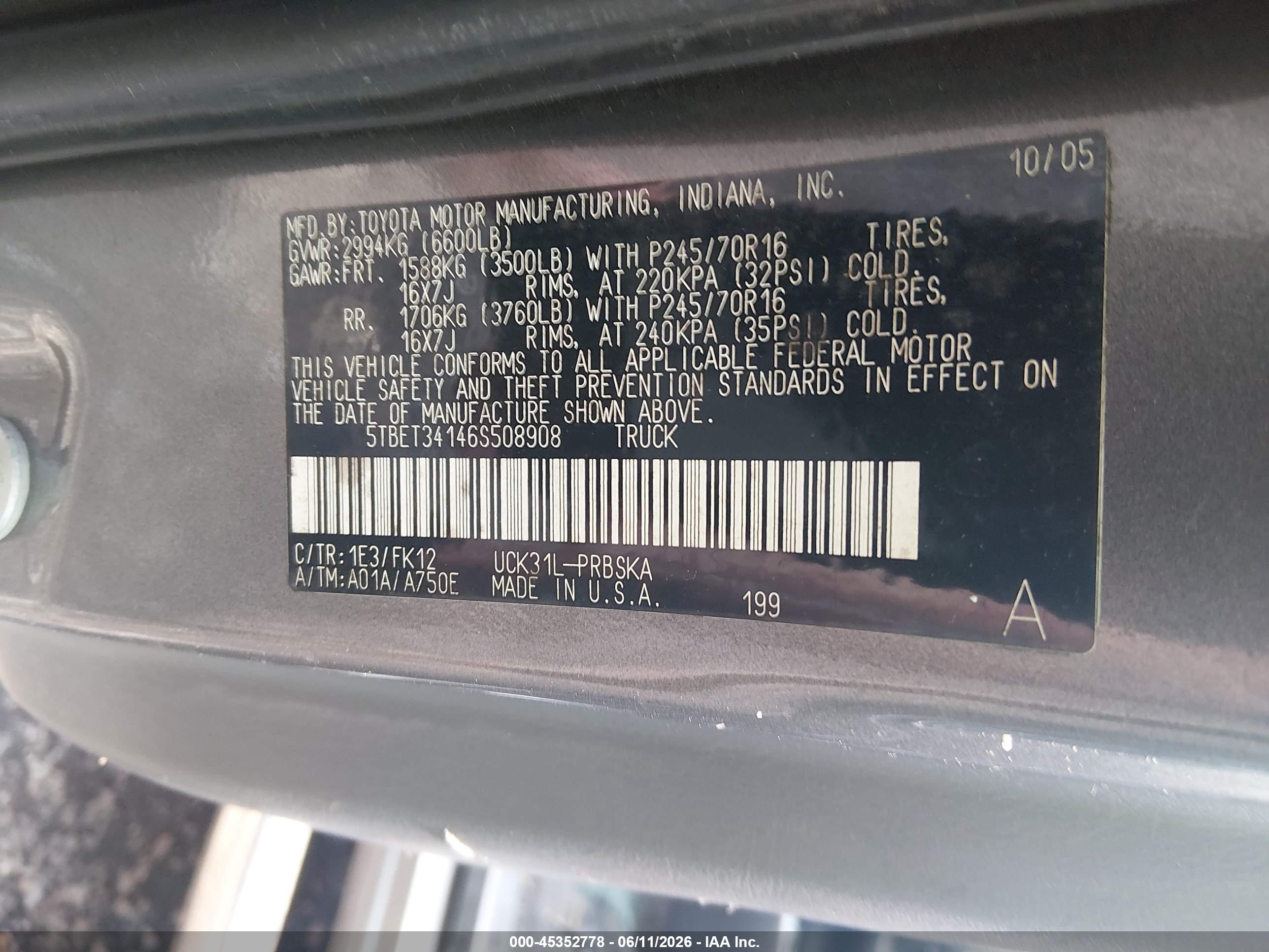 2006 Toyota Tundra Sr5 V8 Желто-коричневый vin: 5TBET34146S508908