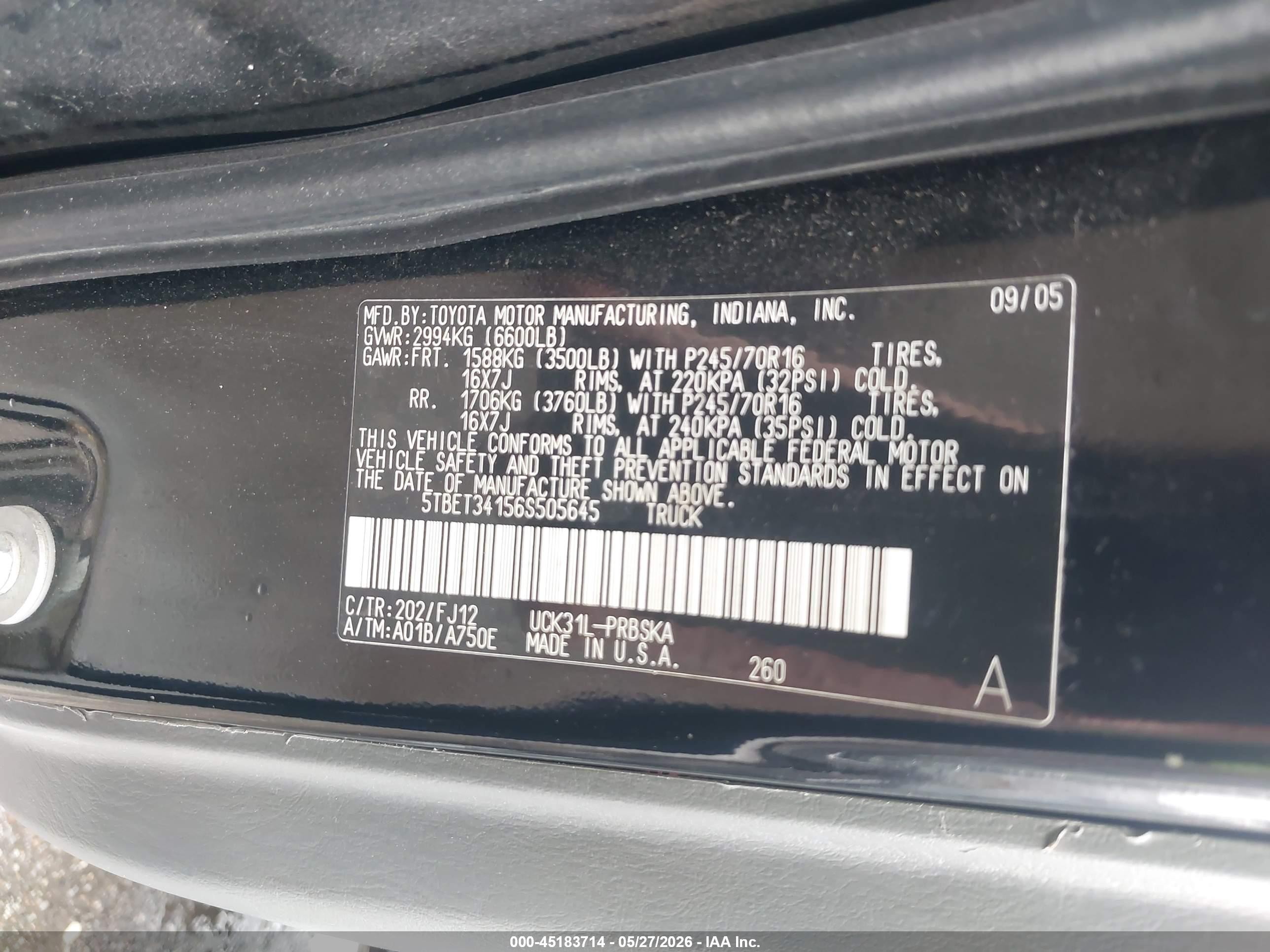 2006 Toyota Tundra Sr5 V8 Black vin: 5TBET34156S505645