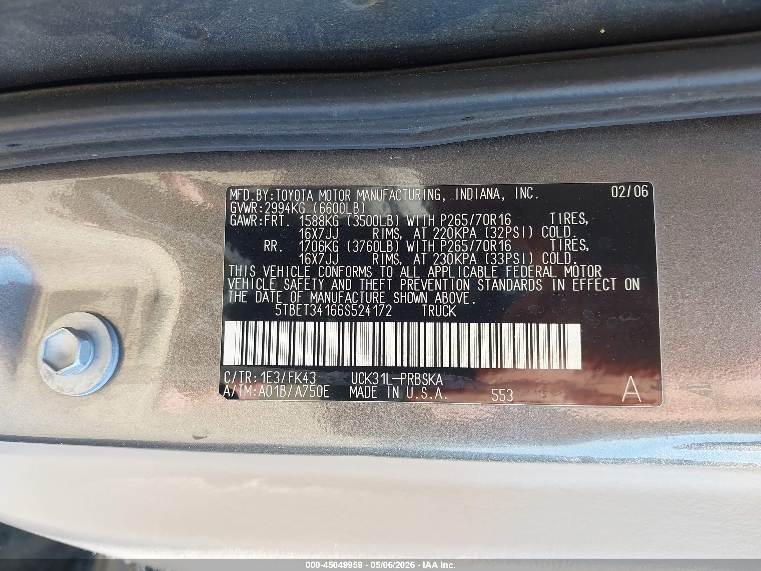 2006 Toyota Tundra Sr5 V8 Серый vin: 5TBET34166S524172