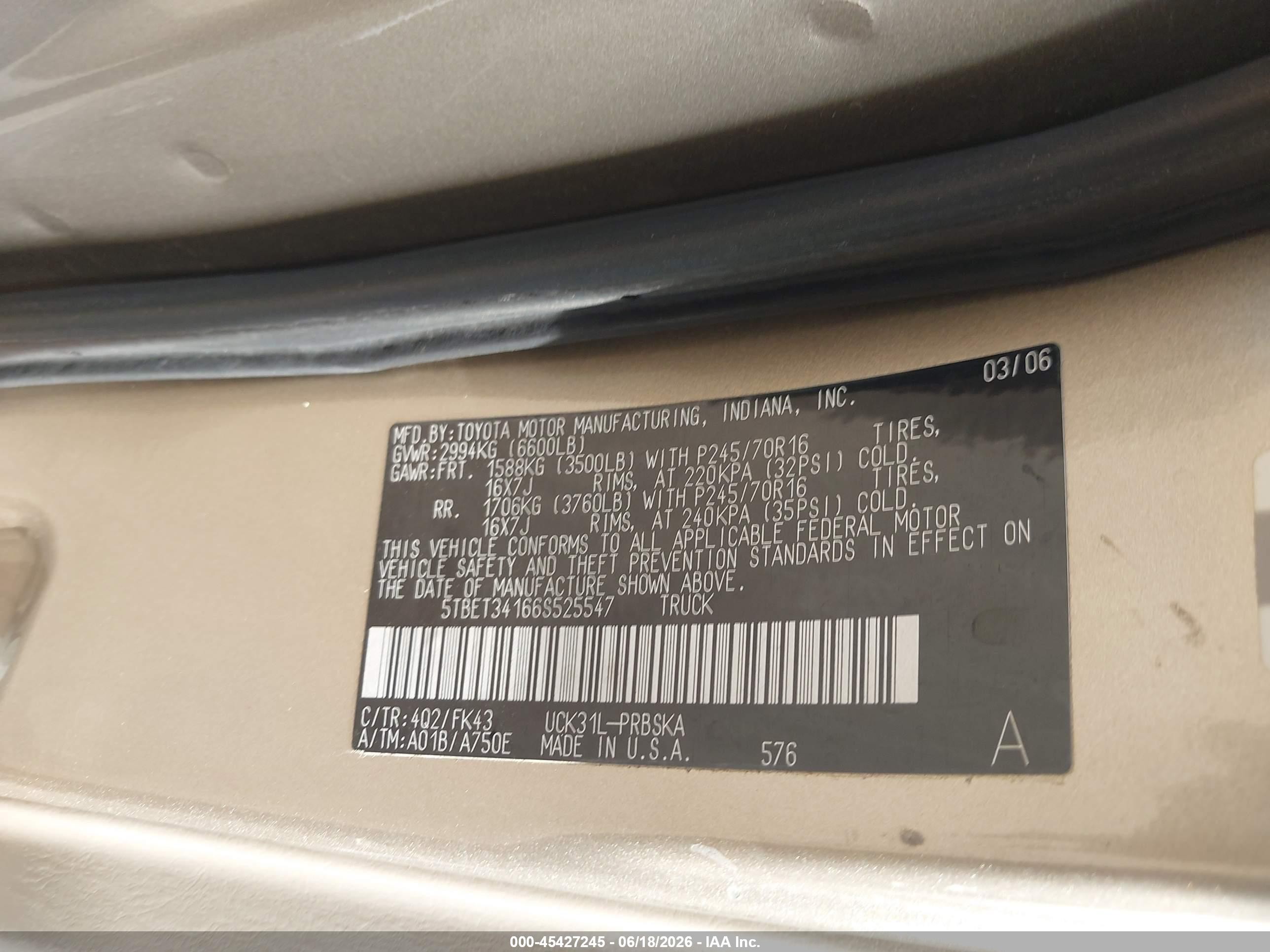 2006 Toyota Tundra Sr5 V8 Tan vin: 5TBET34166S525547