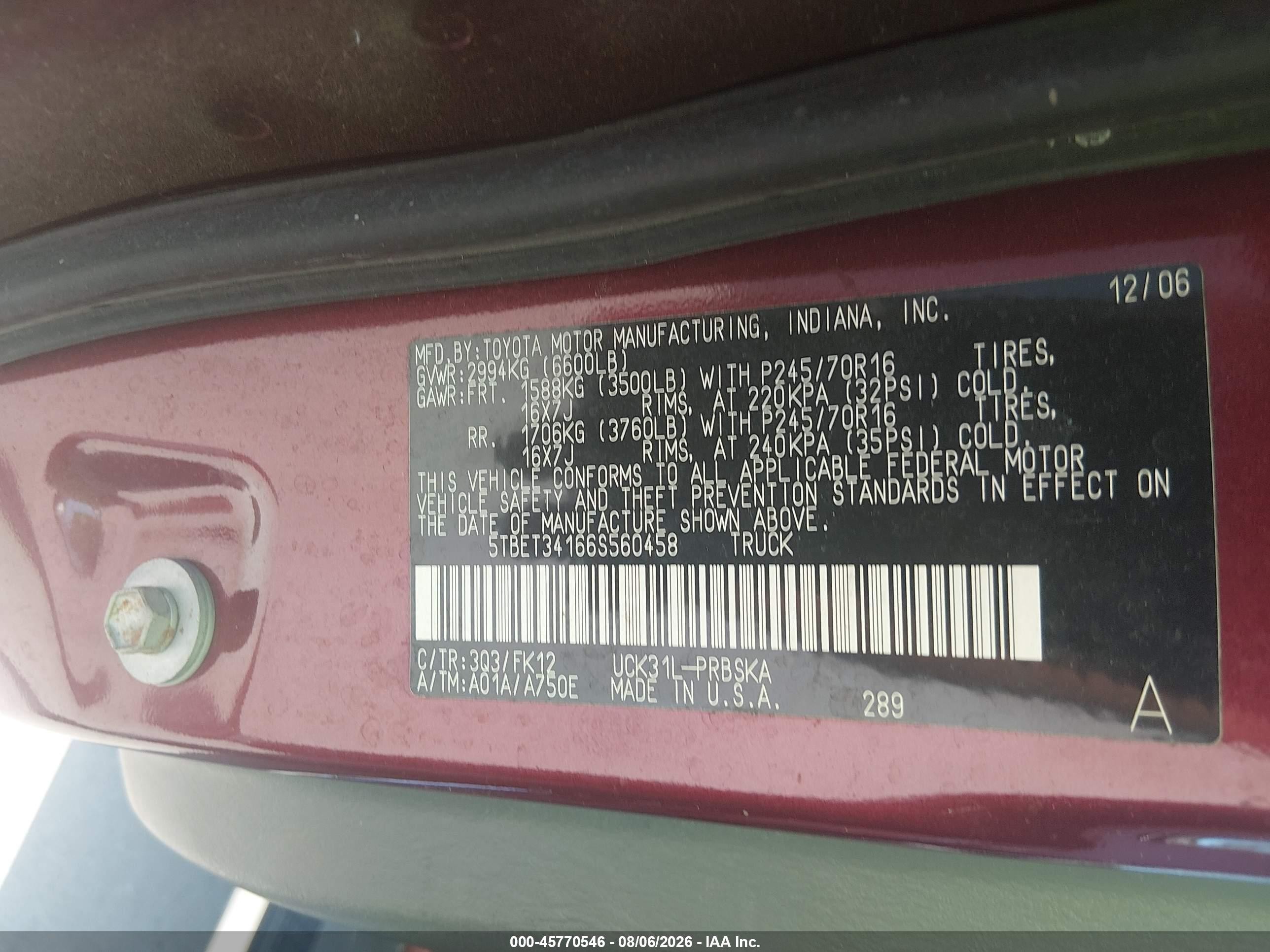 2006 Toyota Tundra Sr5 V8 Maroon vin: 5TBET34166S560458