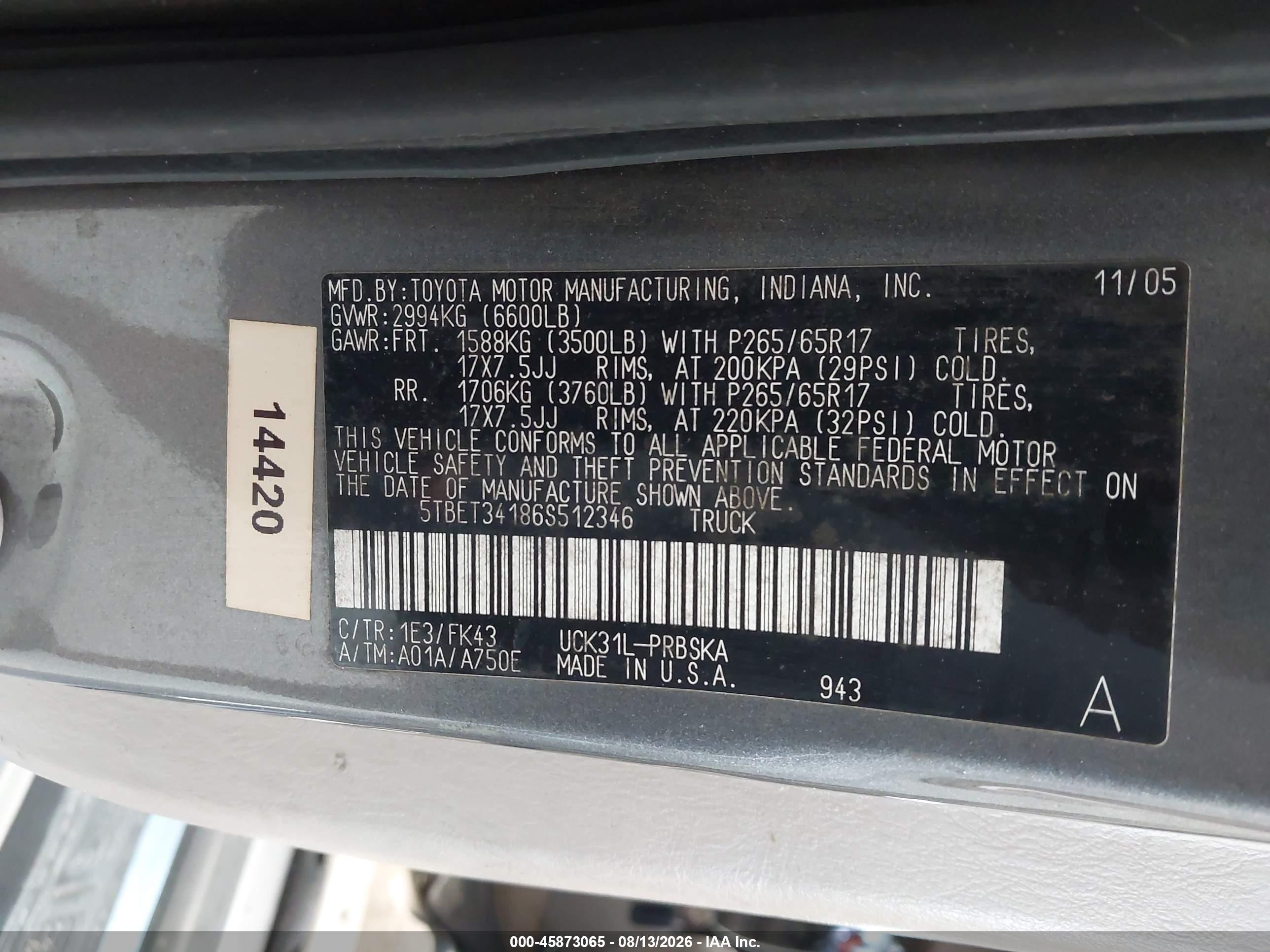 2006 Toyota Tundra Sr5 V8 Gray vin: 5TBET34186S512346