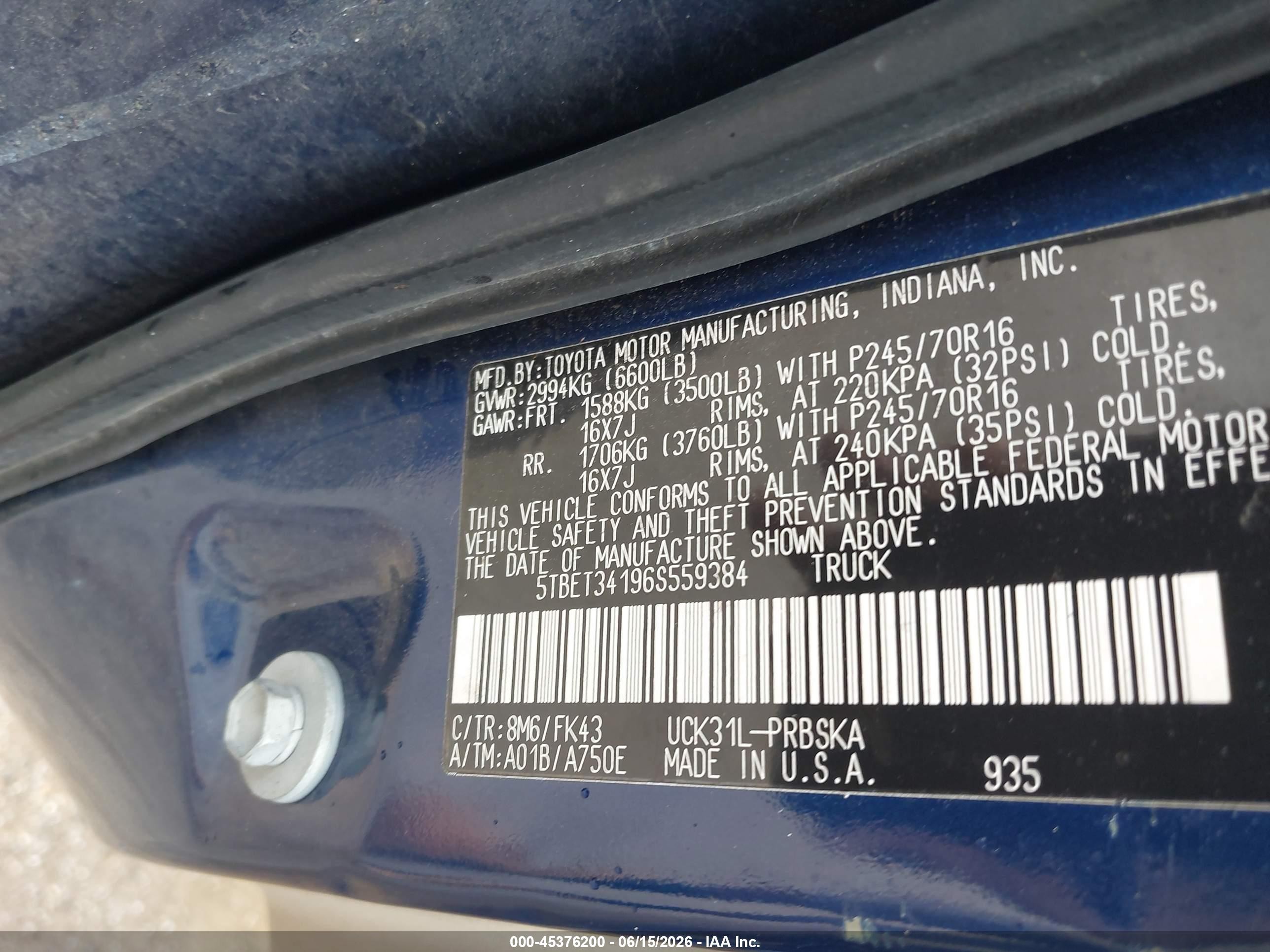 2006 Toyota Tundra Sr5 V8 Синий vin: 5TBET34196S559384