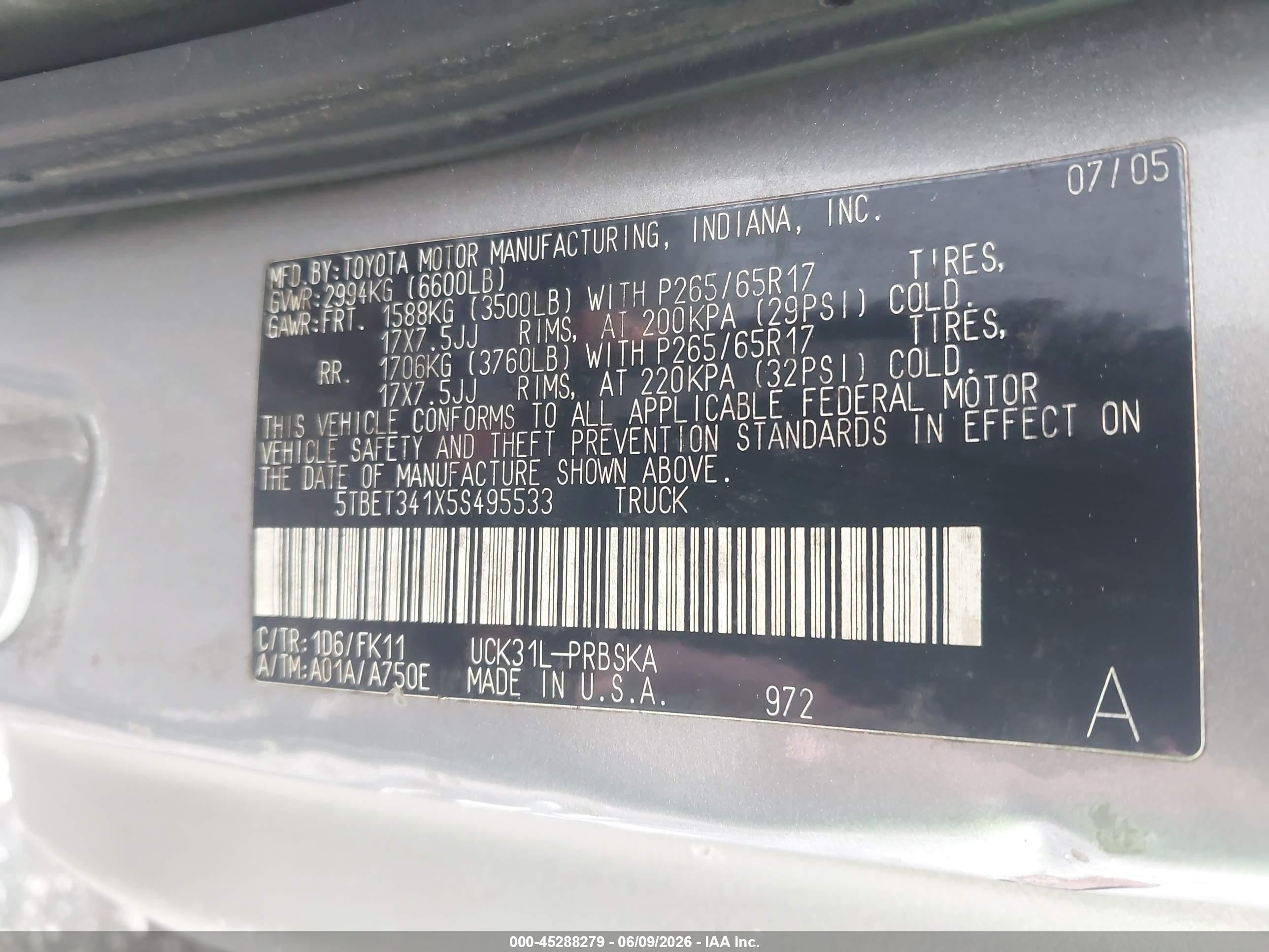2005 Toyota Tundra Sr5 V8 Серый vin: 5TBET341X5S495533