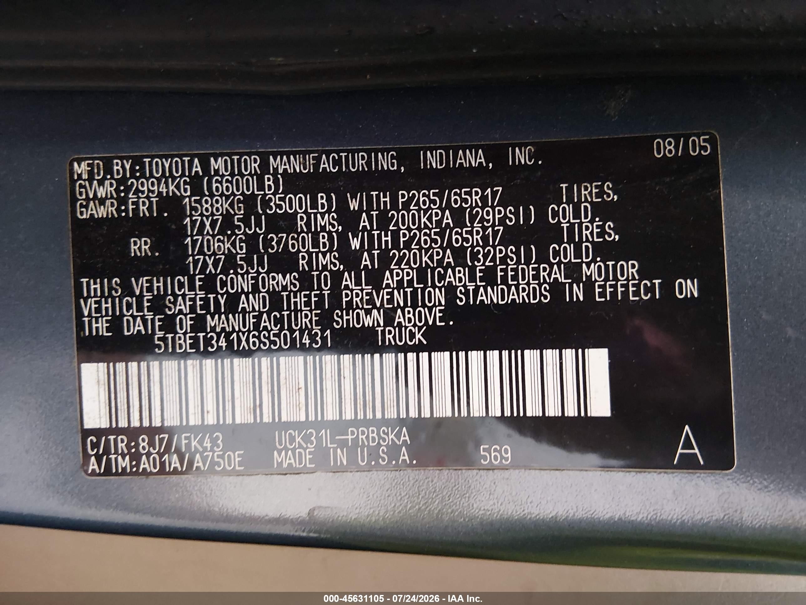 2006 Toyota Tundra Sr5 V8 Синий vin: 5TBET341X6S501431