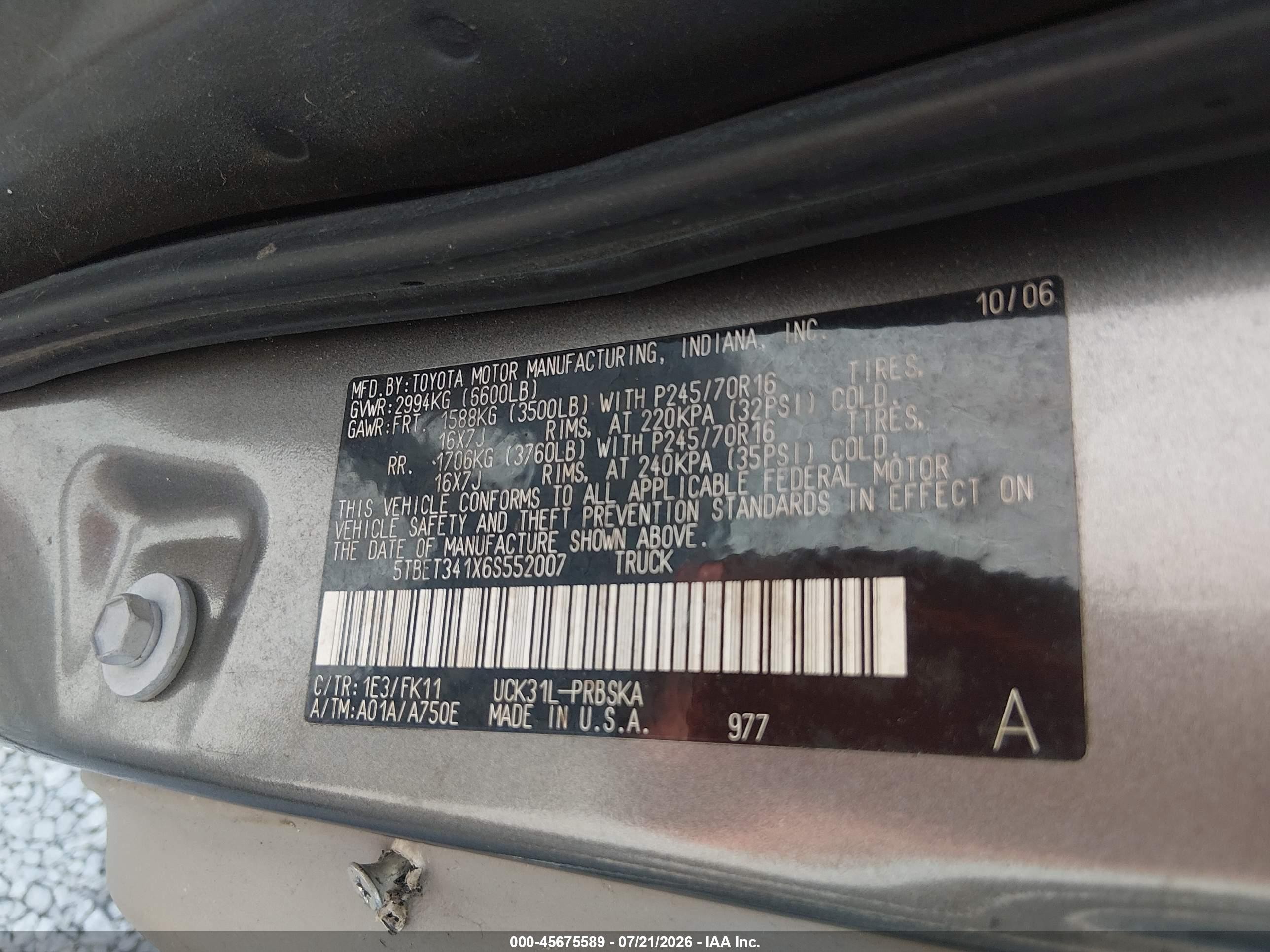 2006 Toyota Tundra Sr5 V8 Желто-коричневый vin: 5TBET341X6S552007