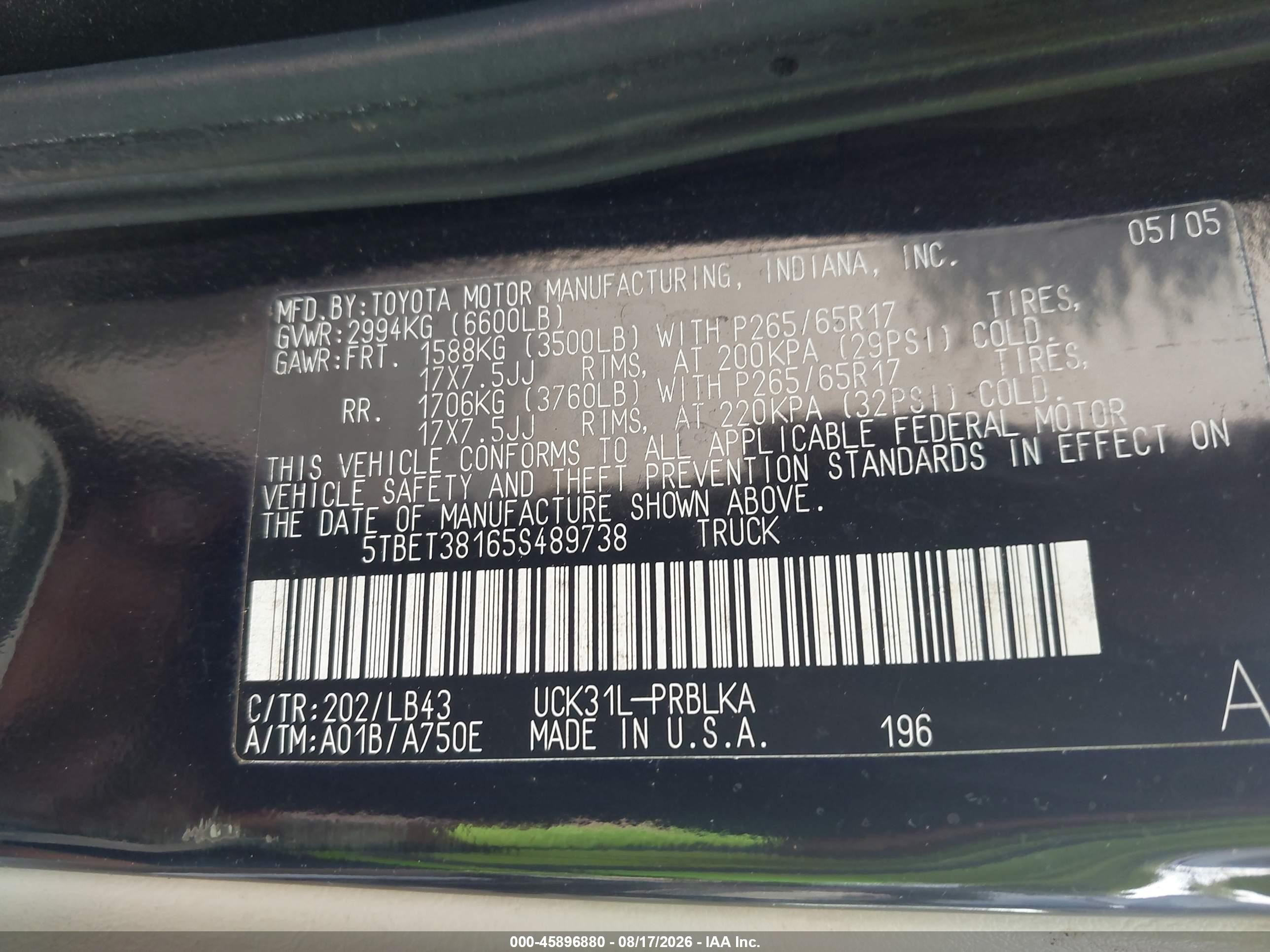 2005 Toyota Tundra Limited V8 Черный vin: 5TBET38165S489738
