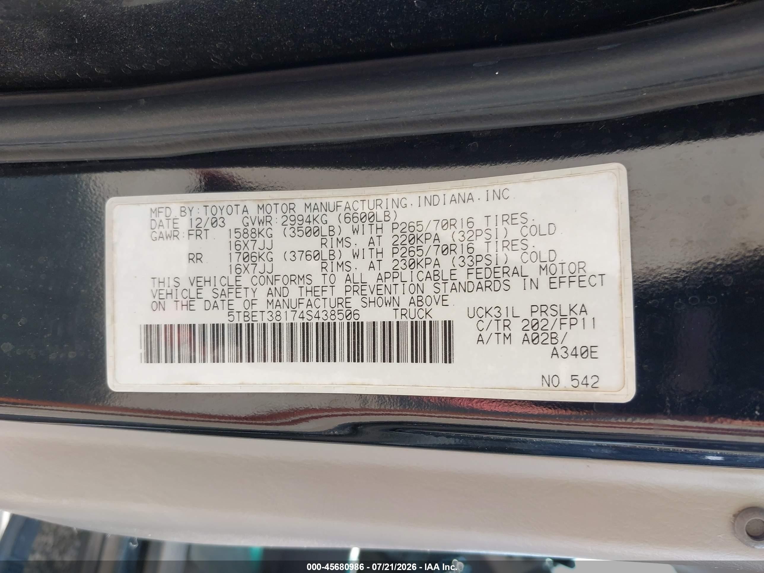 2004 Toyota Tundra Limited V8 Черный vin: 5TBET38174S438506