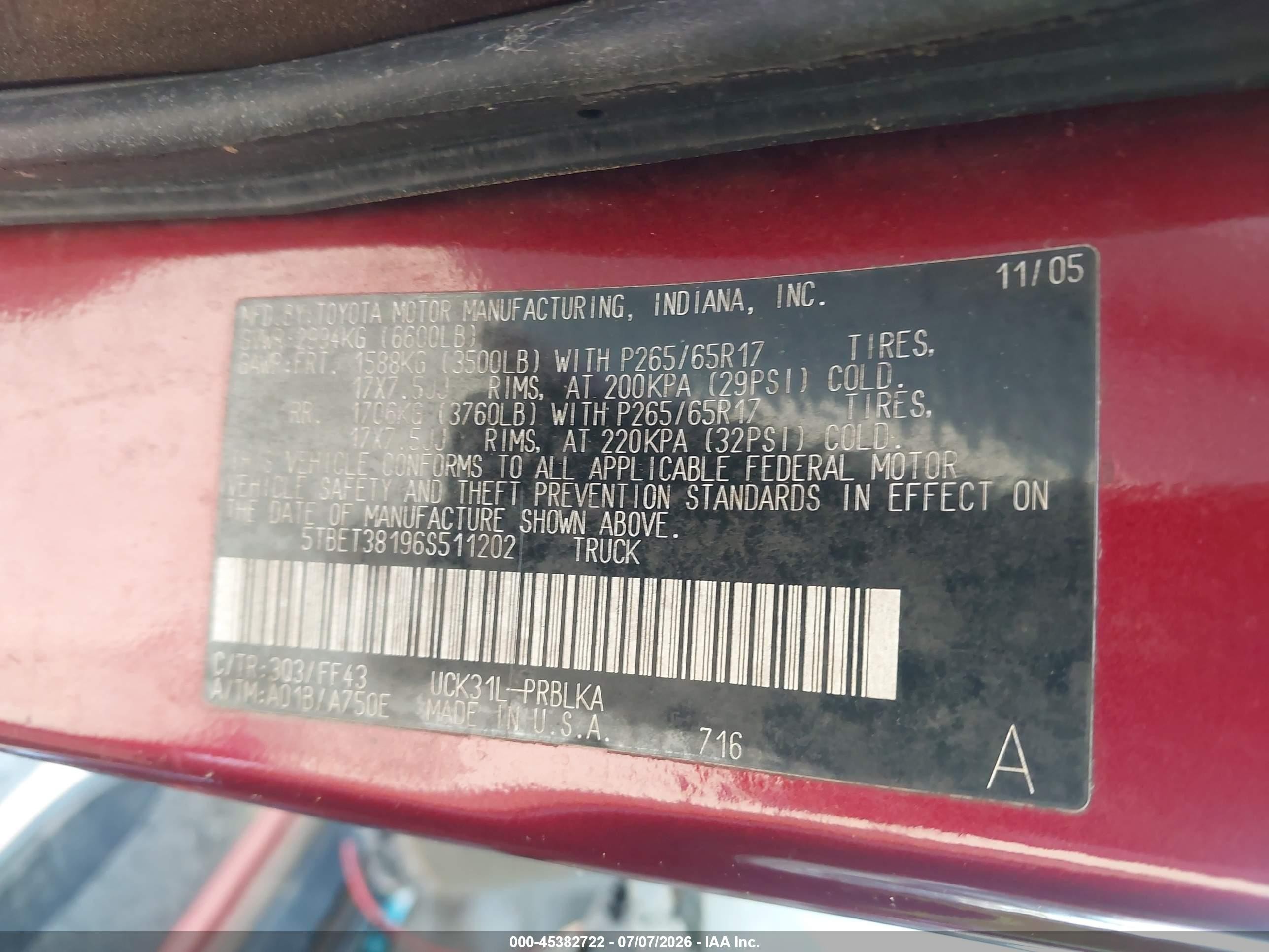 2006 Toyota Tundra Limited V8 Red vin: 5TBET38196S511202