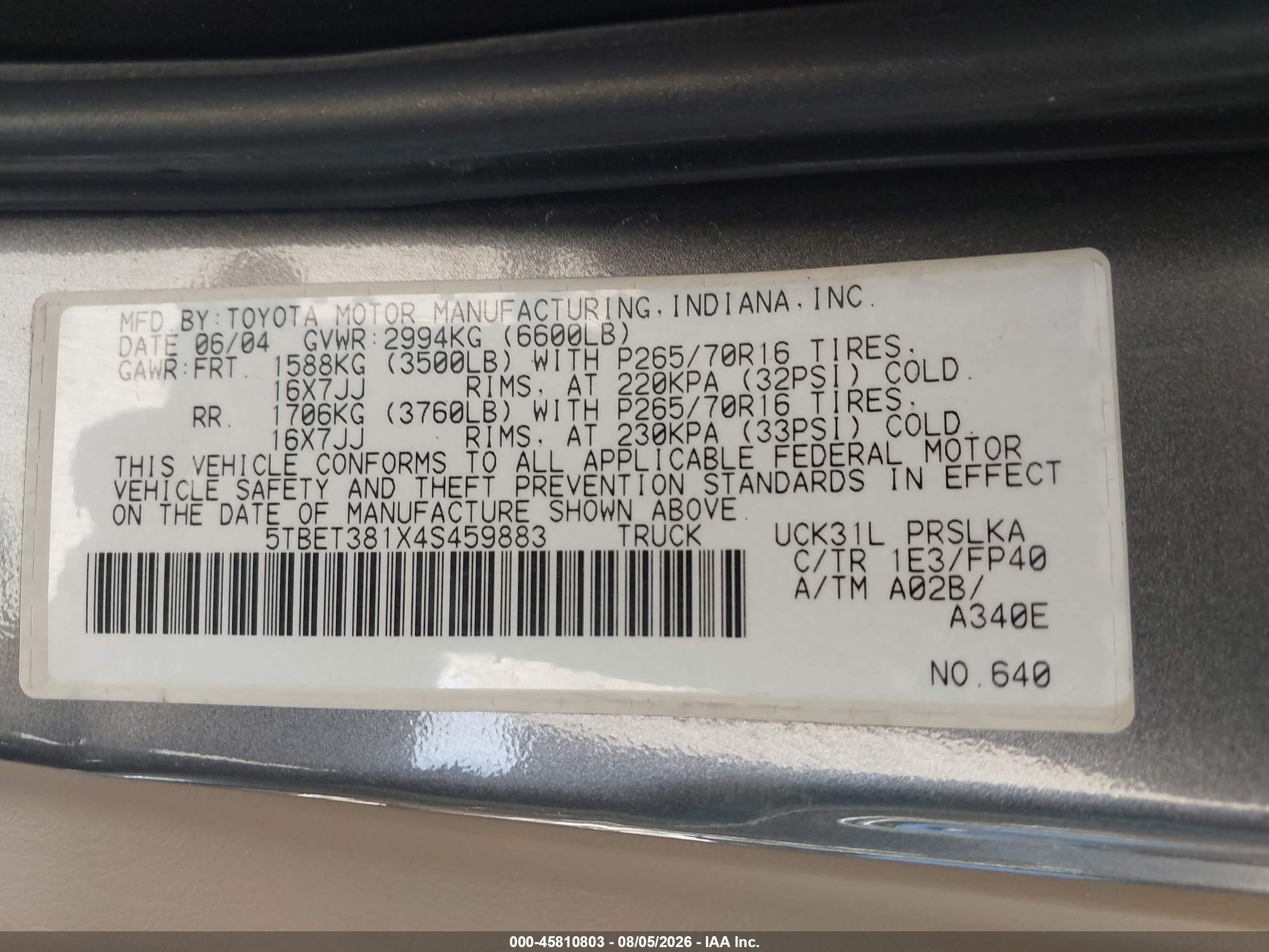 2004 Toyota Tundra Limited V8 Gray vin: 5TBET381X4S459883