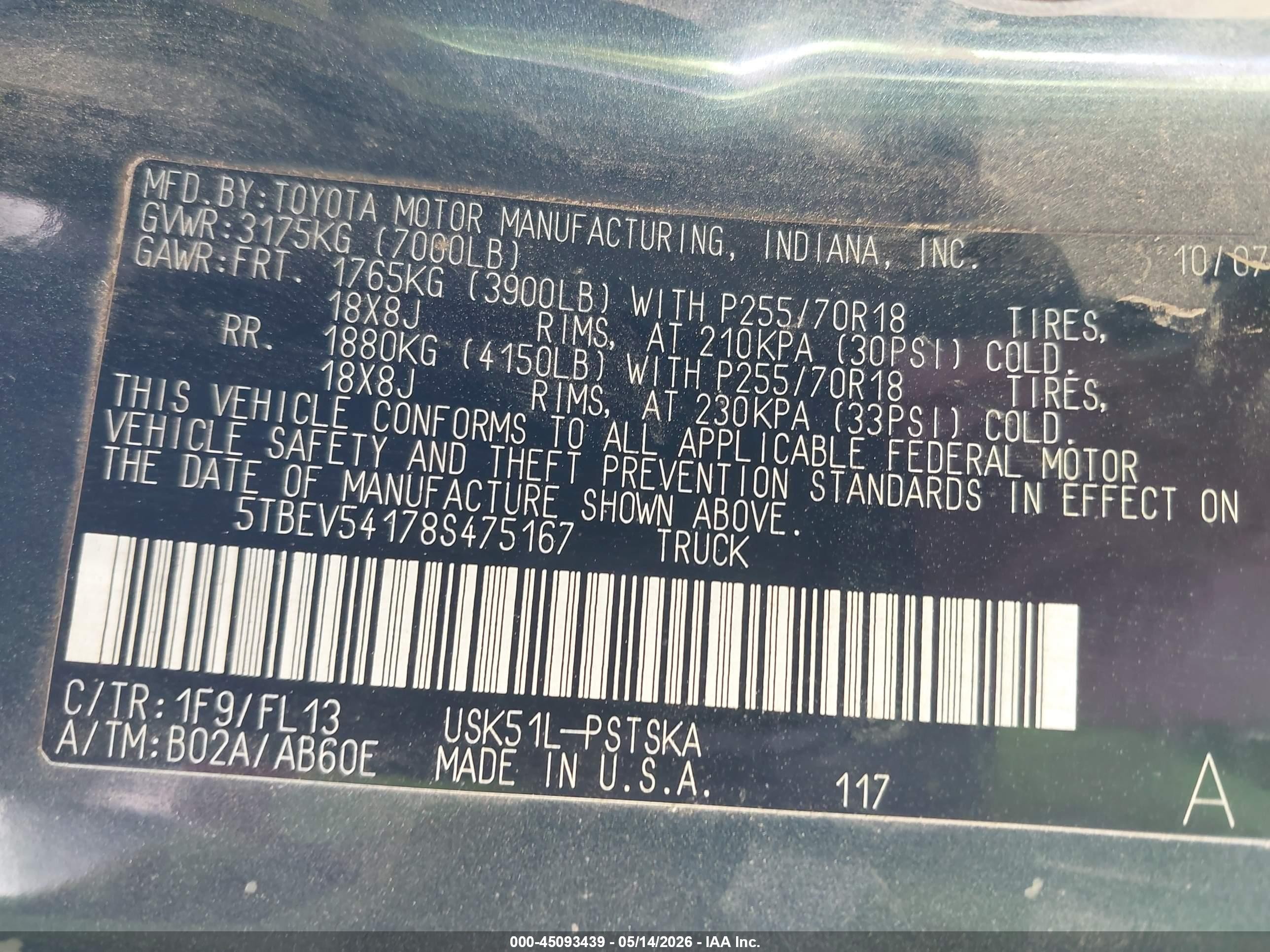 2008 Toyota Tundra Sr5 5.7l V8 Gray vin: 5TBEV54178S475167