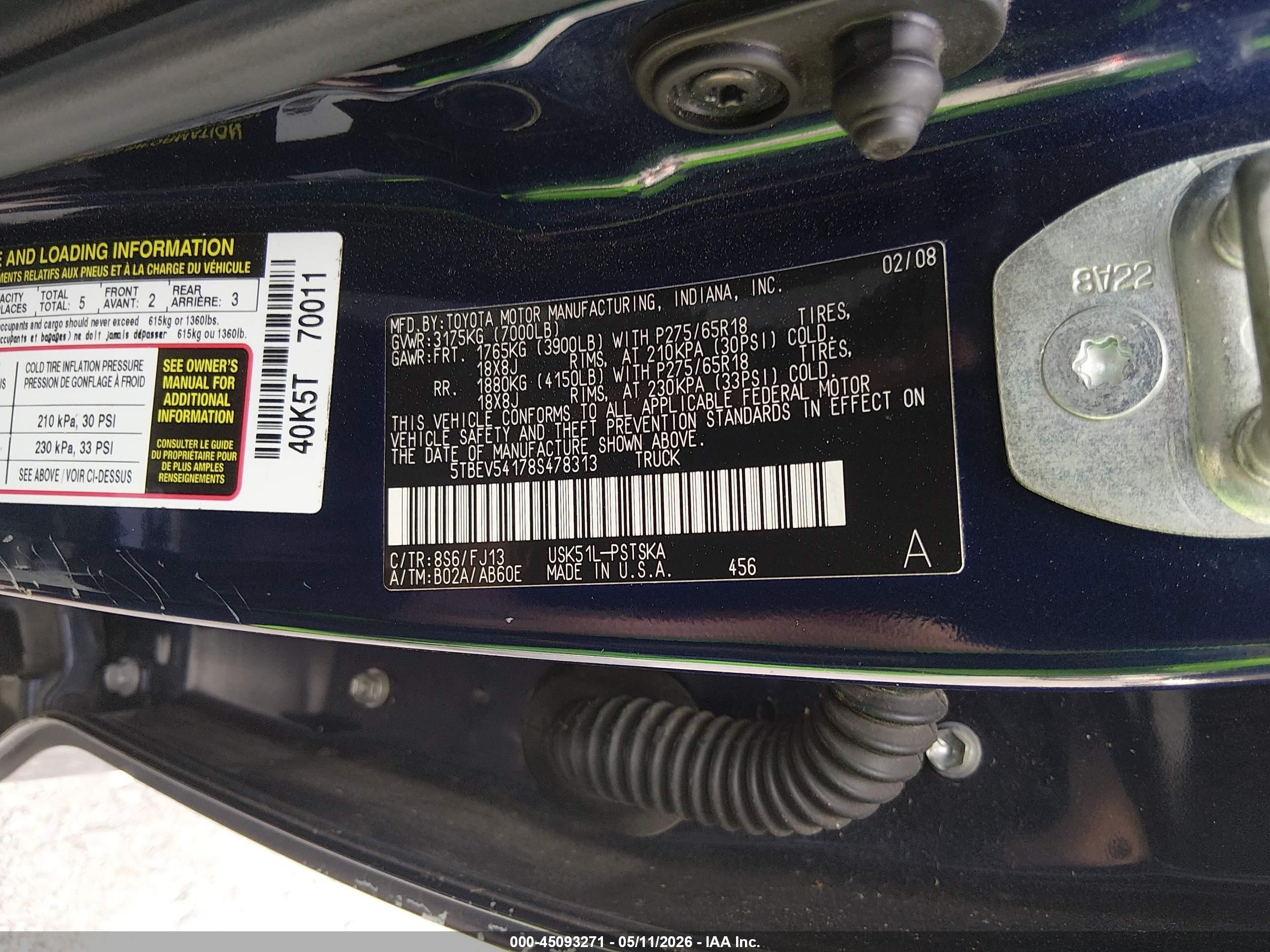 2008 Toyota Tundra Sr5 5.7l V8 Dark Blue vin: 5TBEV54178S478313