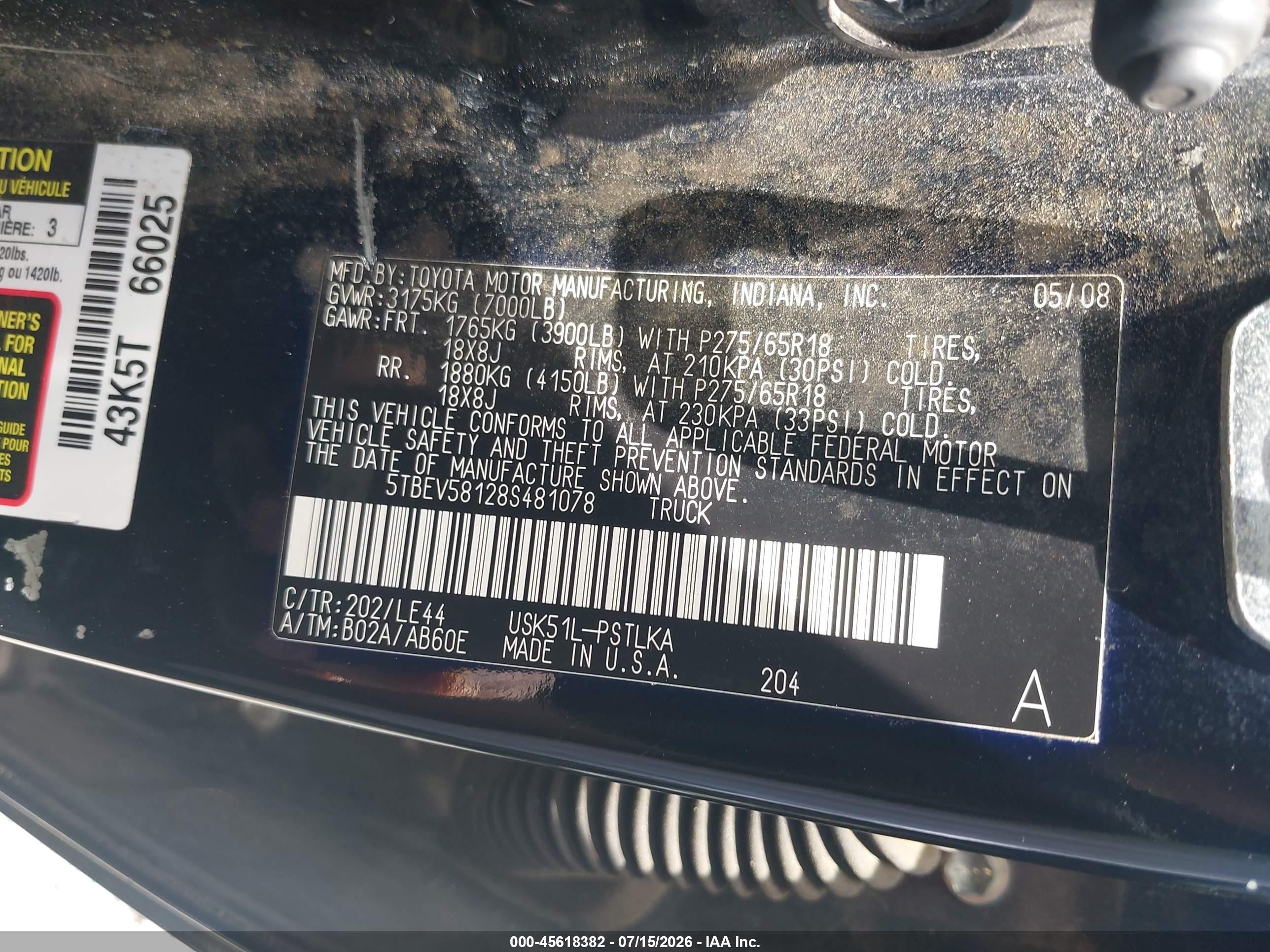 2008 Toyota Tundra Limited 5.7l V8 Black vin: 5TBEV58128S481078