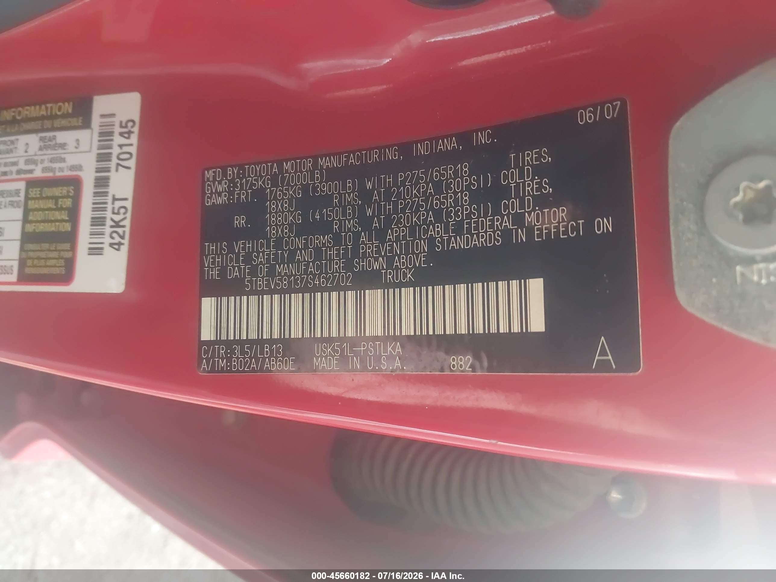 2007 Toyota Tundra Limited 5.7l V8 Red vin: 5TBEV58137S462702