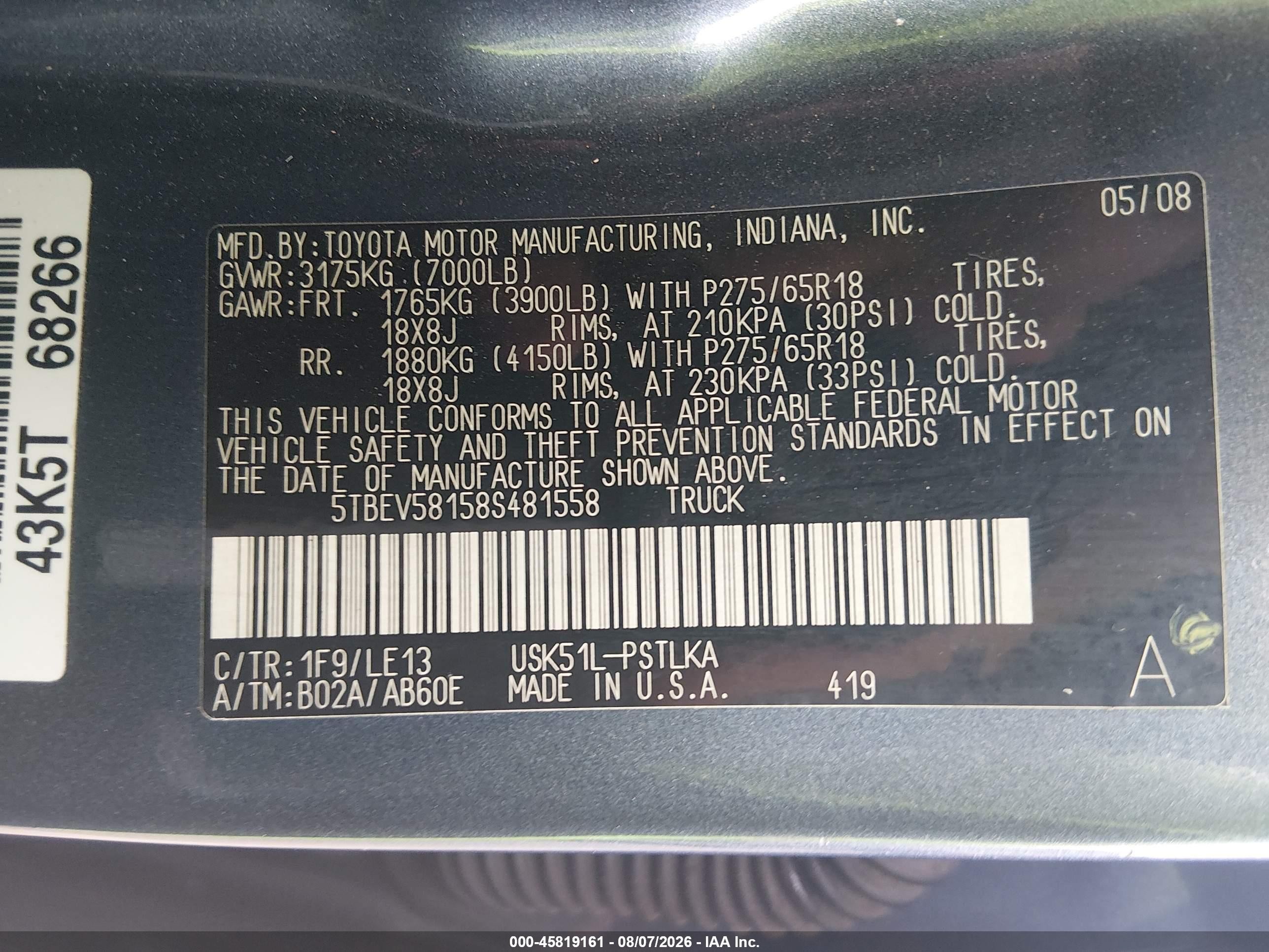 2008 Toyota Tundra Limited 5.7l V8 Серый vin: 5TBEV58158S481558