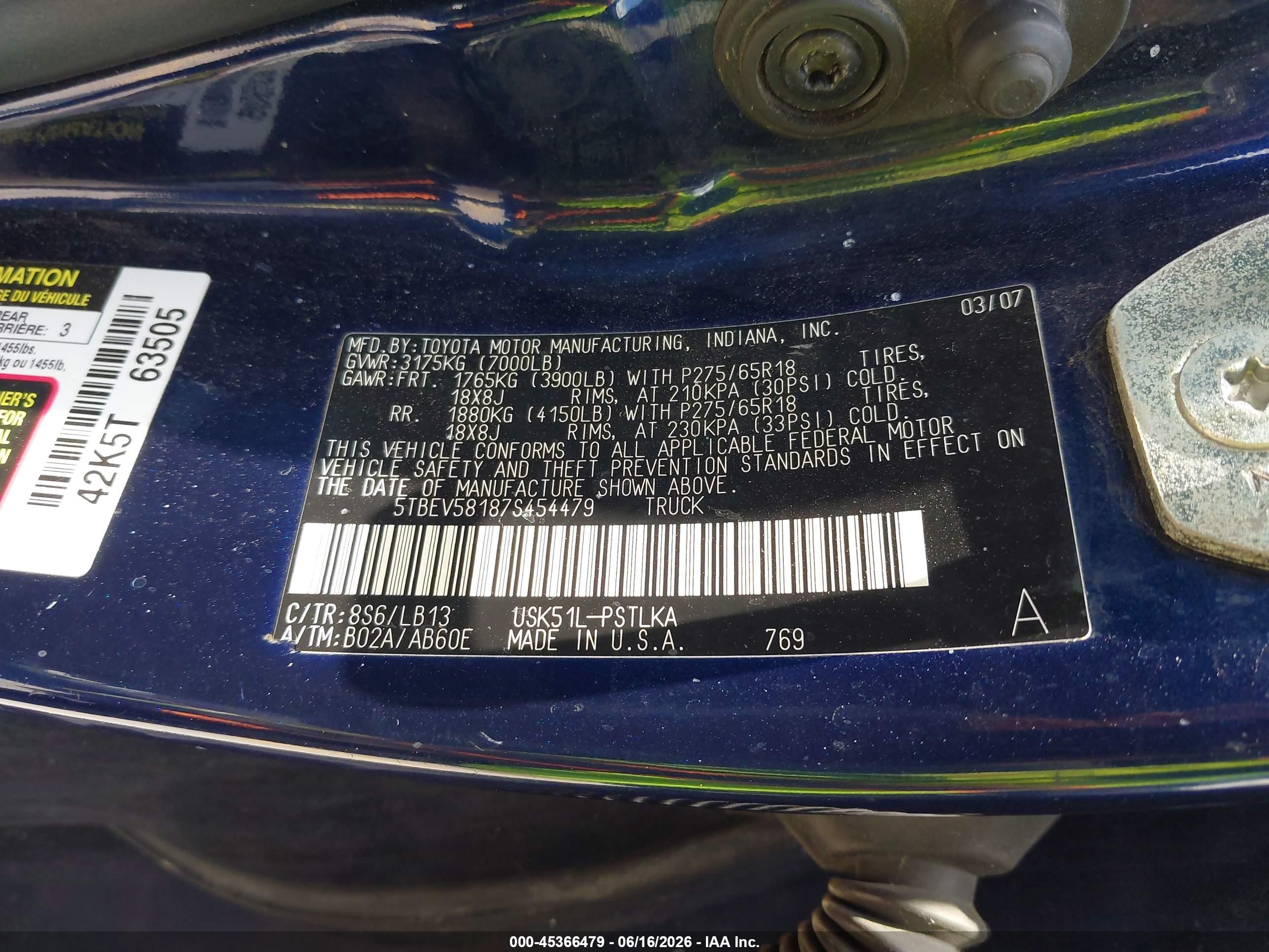 2007 Toyota Tundra Limited 5.7l V8 Blue vin: 5TBEV58187S454479