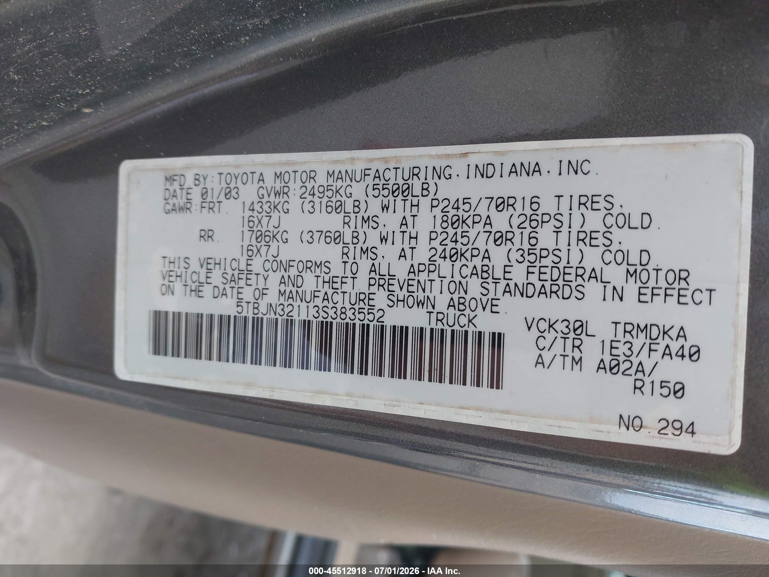 2003 Toyota Tundra   Gray vin: 5TBJN32113S383552