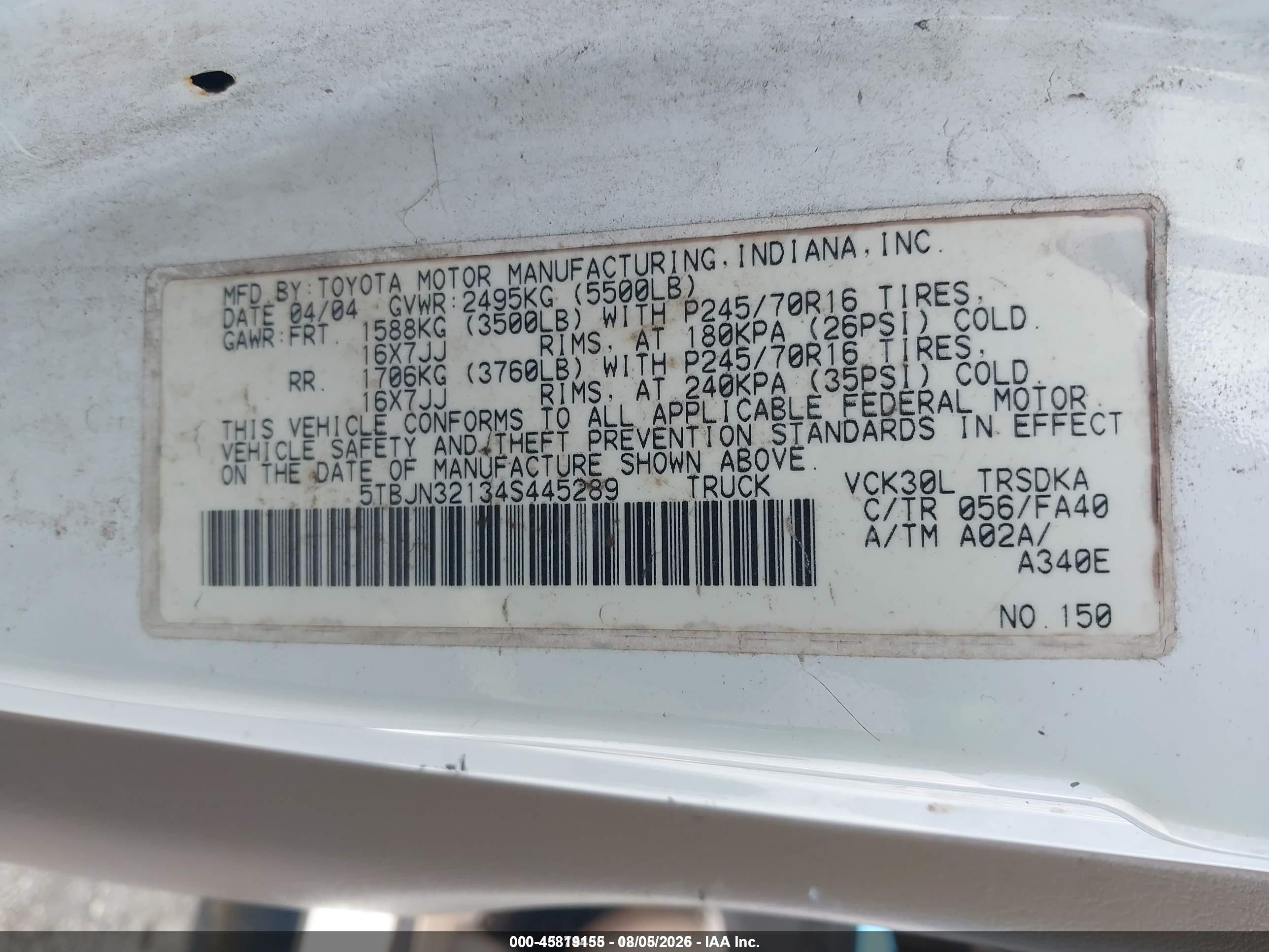 2004 Toyota Tundra   Белый vin: 5TBJN32134S445289