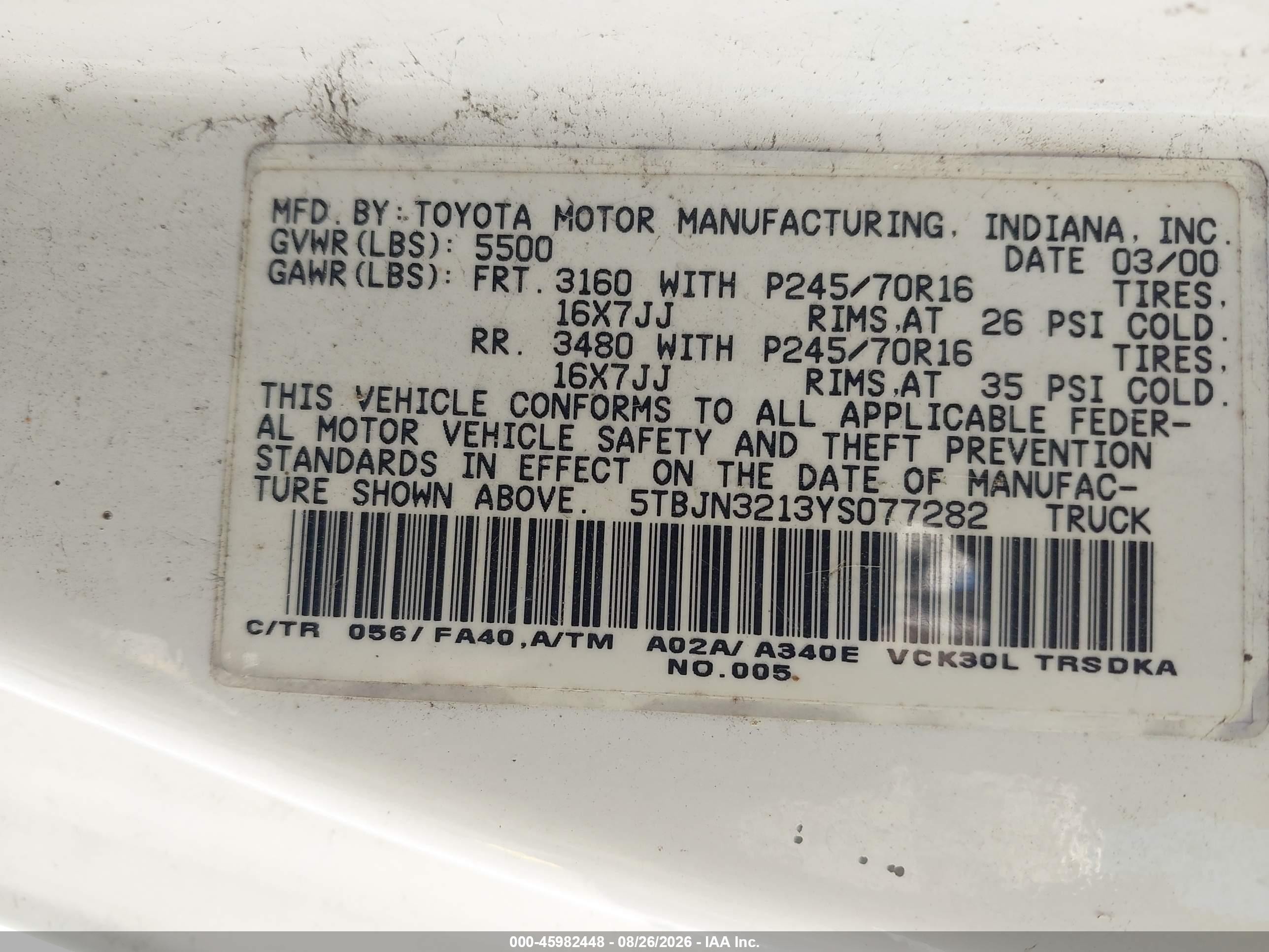 2000 Toyota Tundra   White vin: 5TBJN3213YS077282