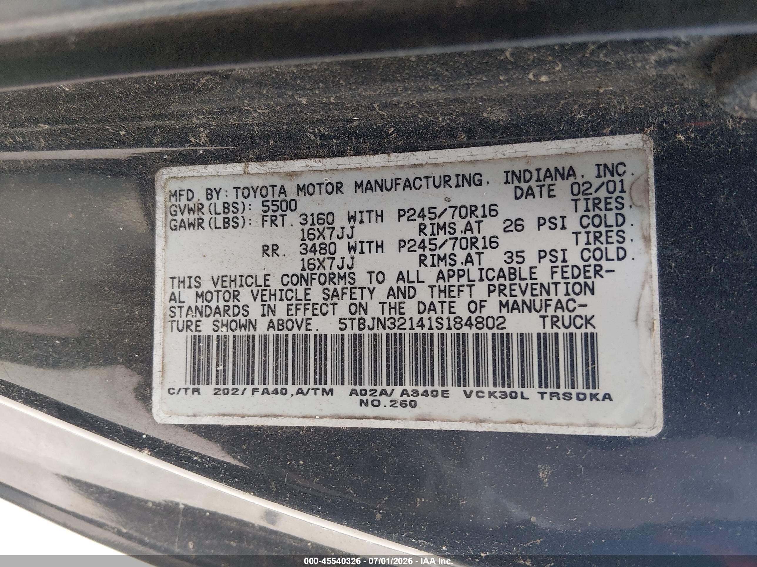 2001 Toyota Tundra   Черный vin: 5TBJN32141S184802