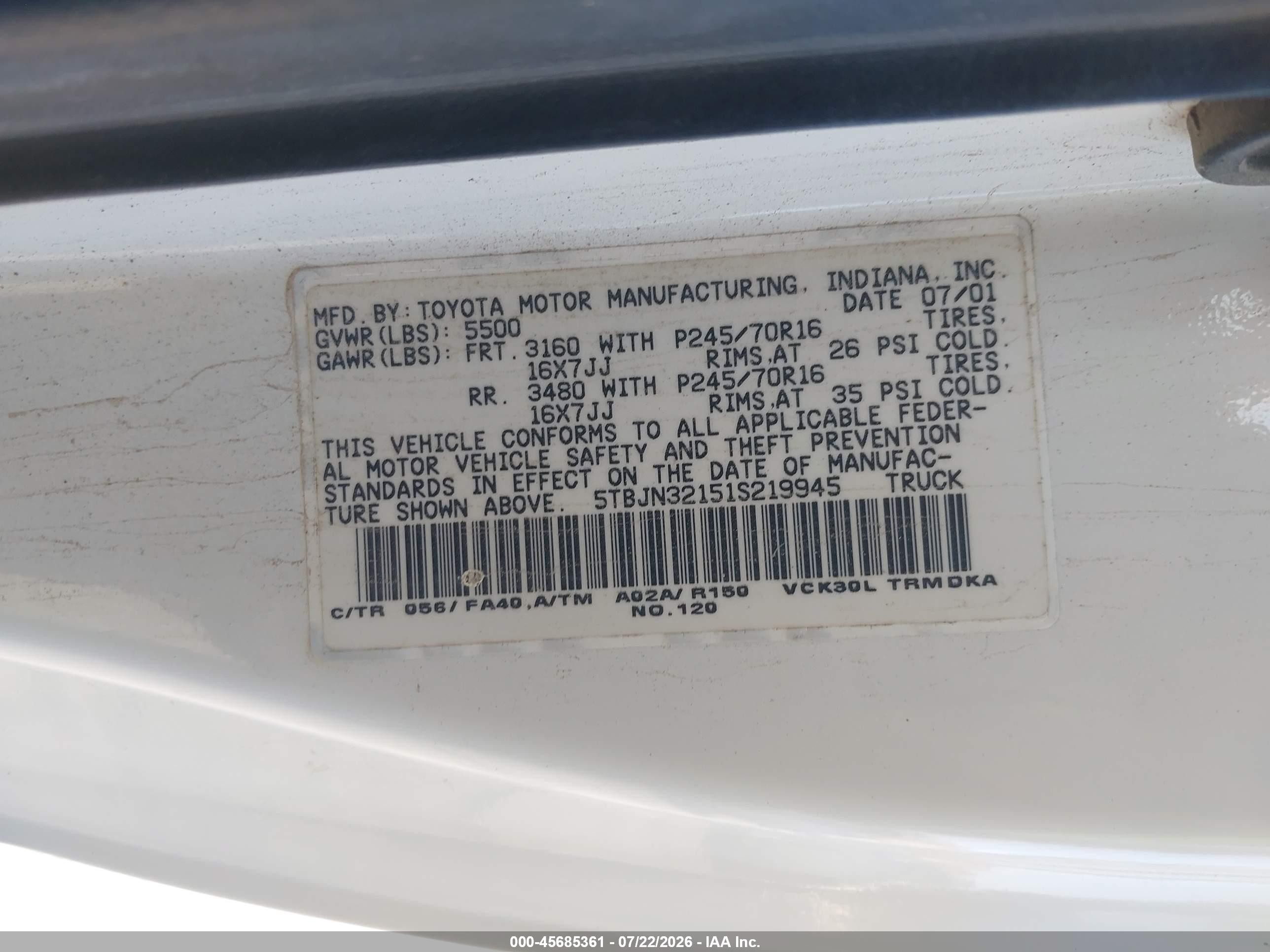 2001 Toyota Tundra   White vin: 5TBJN32151S219945