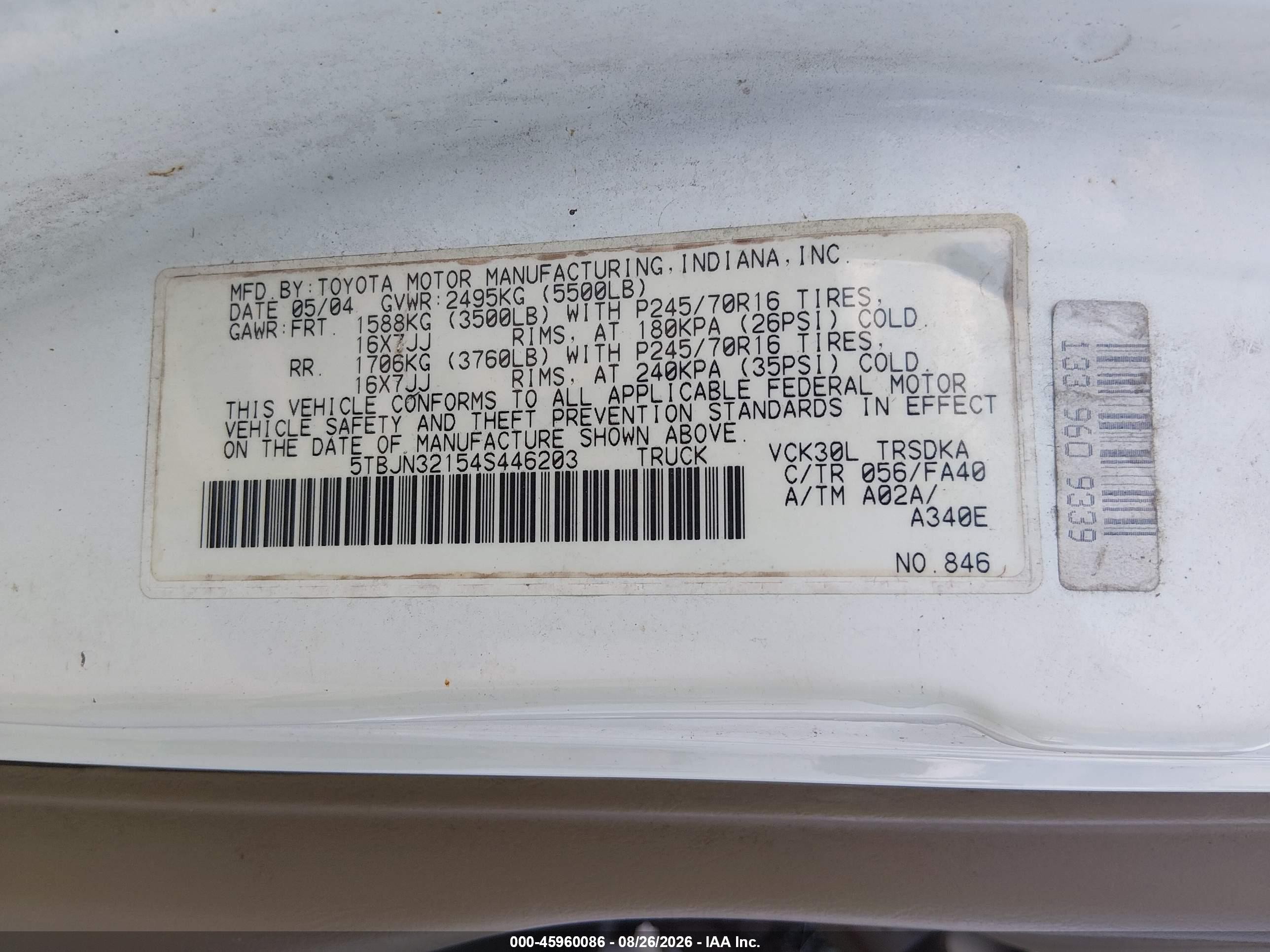 2004 Toyota Tundra   Белый vin: 5TBJN32154S446203