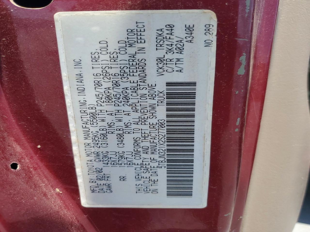 2002 Toyota Tundra Base Maroon vin: 5TBJN321X2S277003