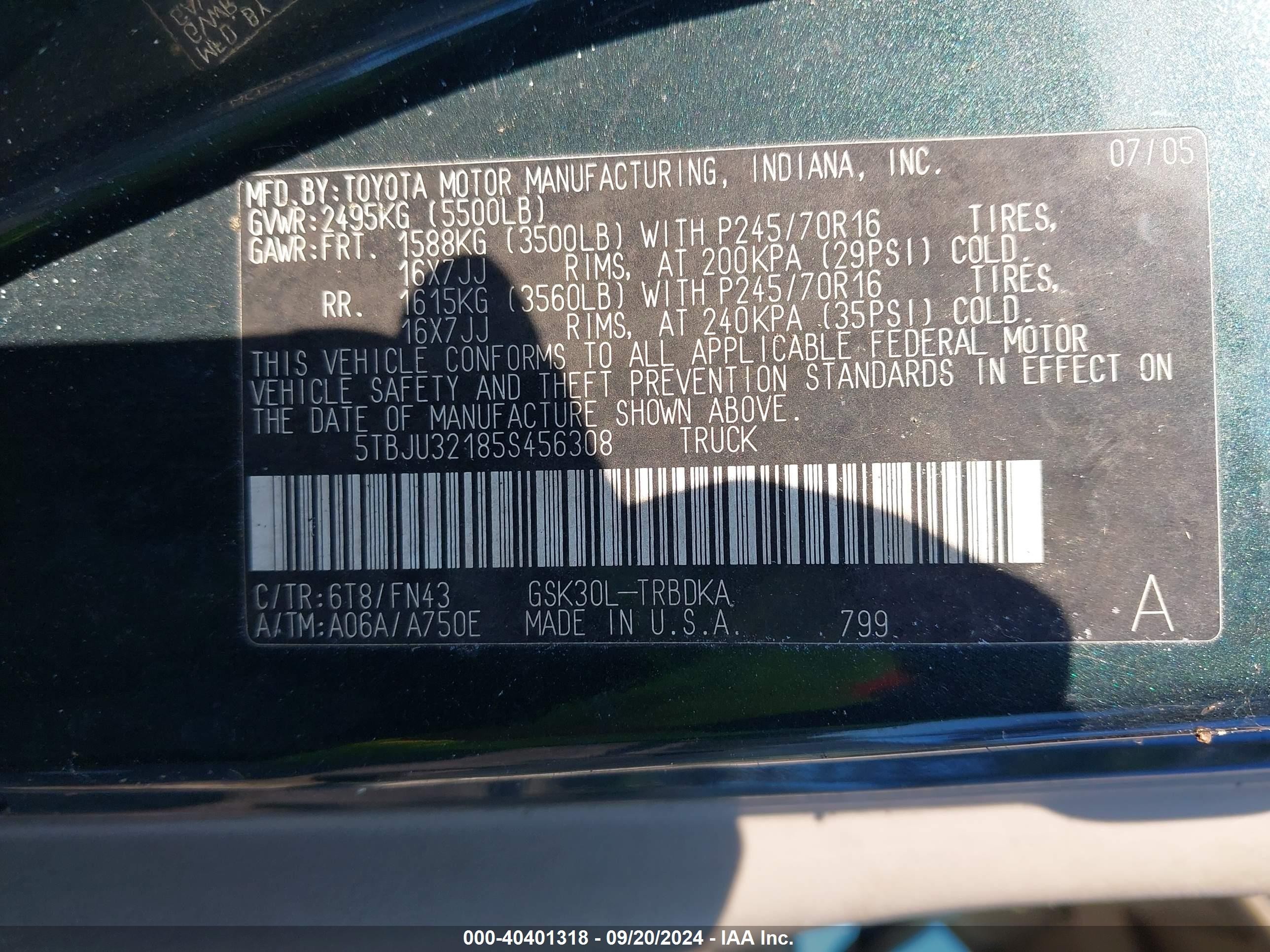 2005 Toyota Tundra   Green vin: 5TBJU32185S456308
