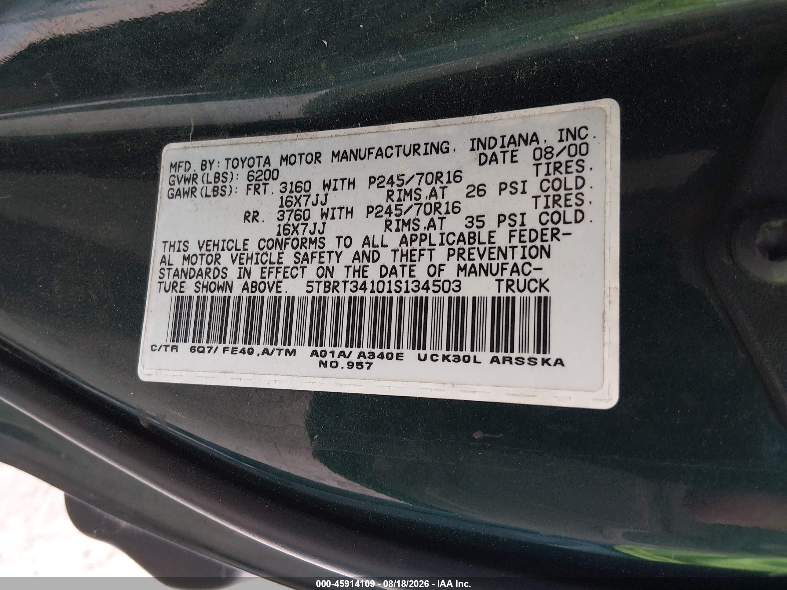 2001 Toyota Tundra Sr5 V8 Green vin: 5TBRT34101S134503