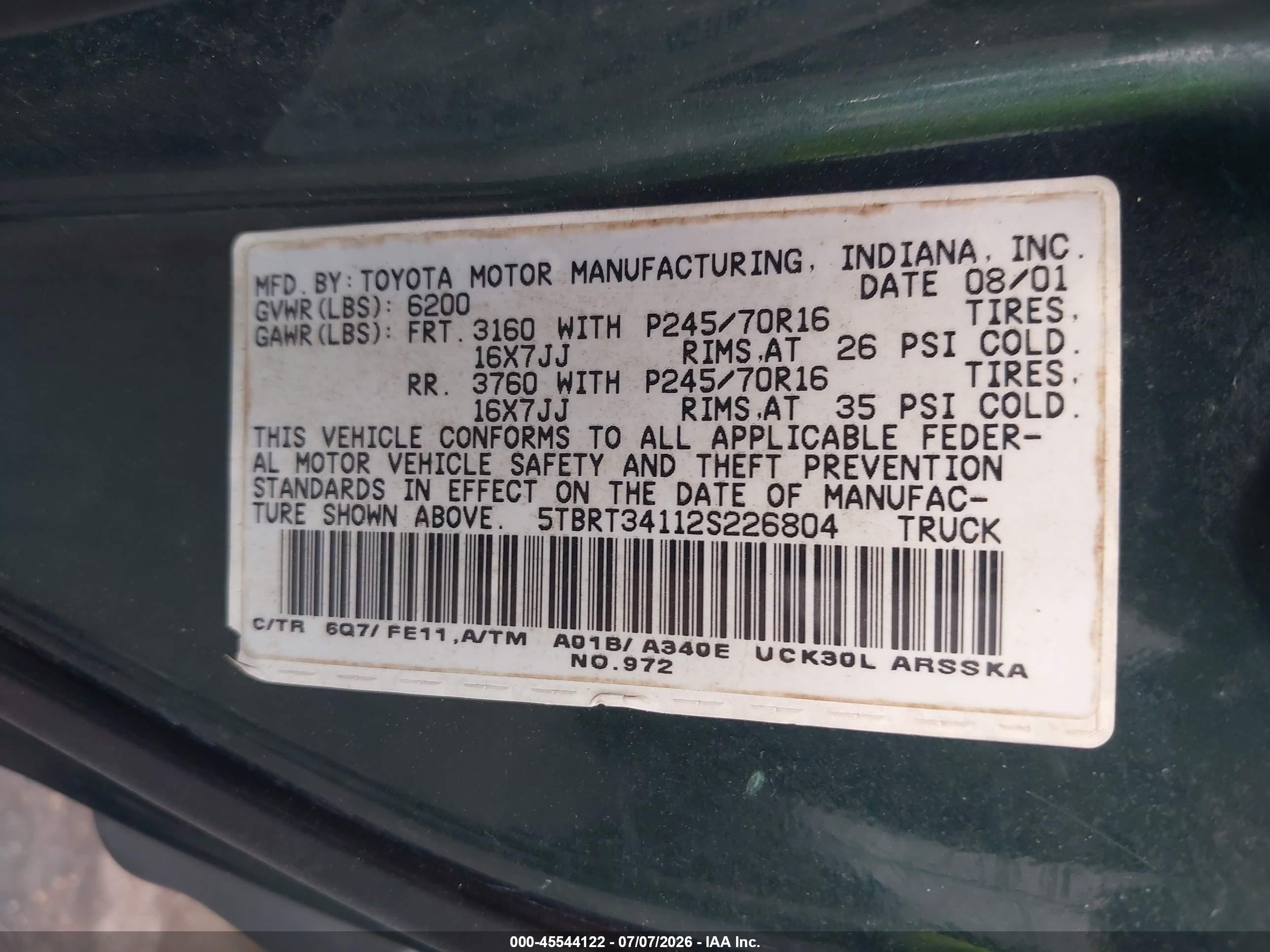 2002 Toyota Tundra Sr5 V8 Зеленый vin: 5TBRT34112S226804
