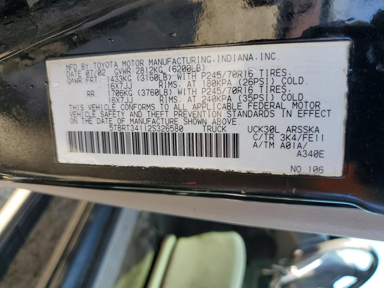 2002 Toyota Tundra Sr5 V8 Черный vin: 5TBRT34112S326580