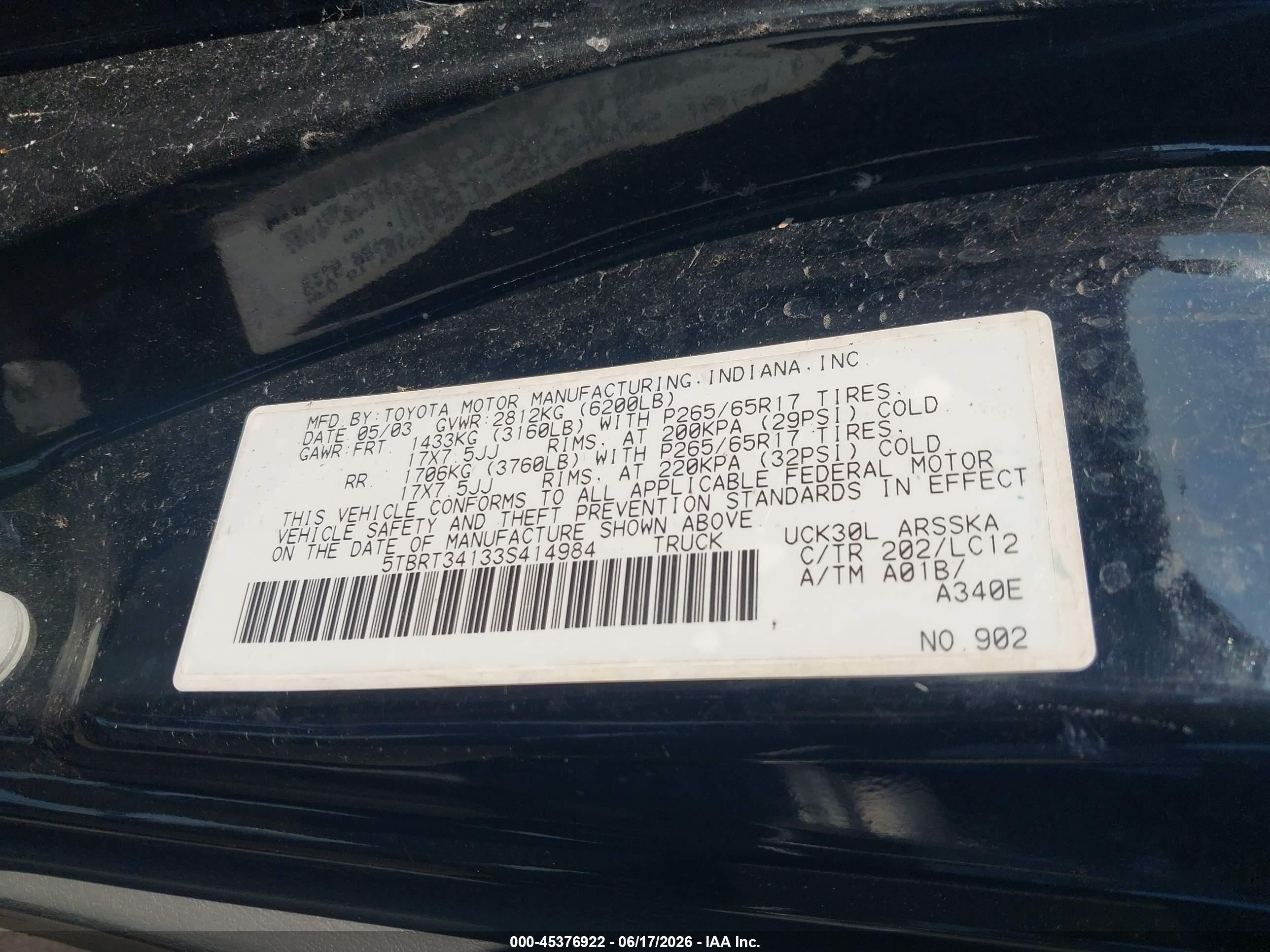 2003 Toyota Tundra Sr5 V8 Черный vin: 5TBRT34133S414984