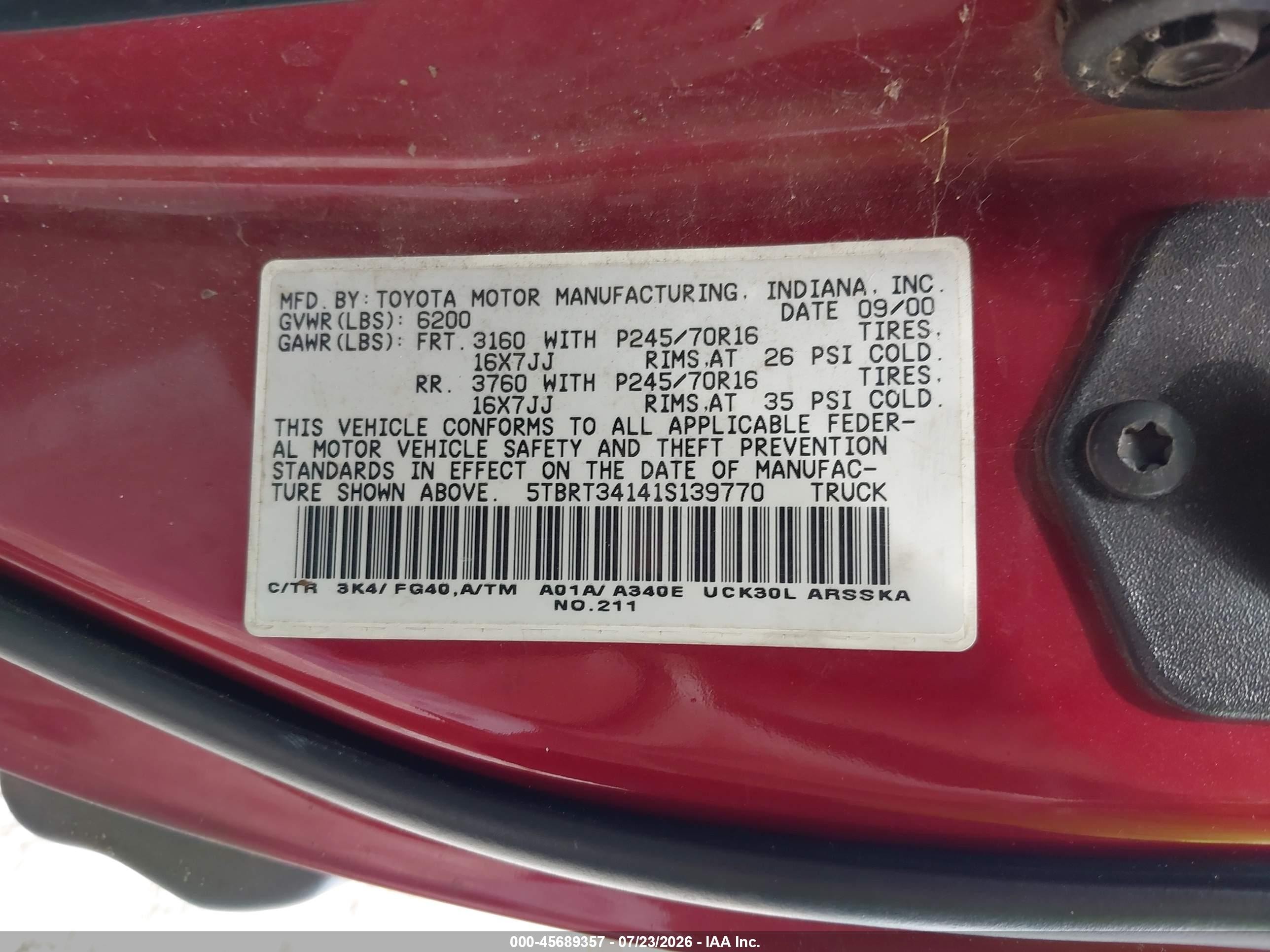 2001 Toyota Tundra Sr5 V8 Maroon vin: 5TBRT34141S139770