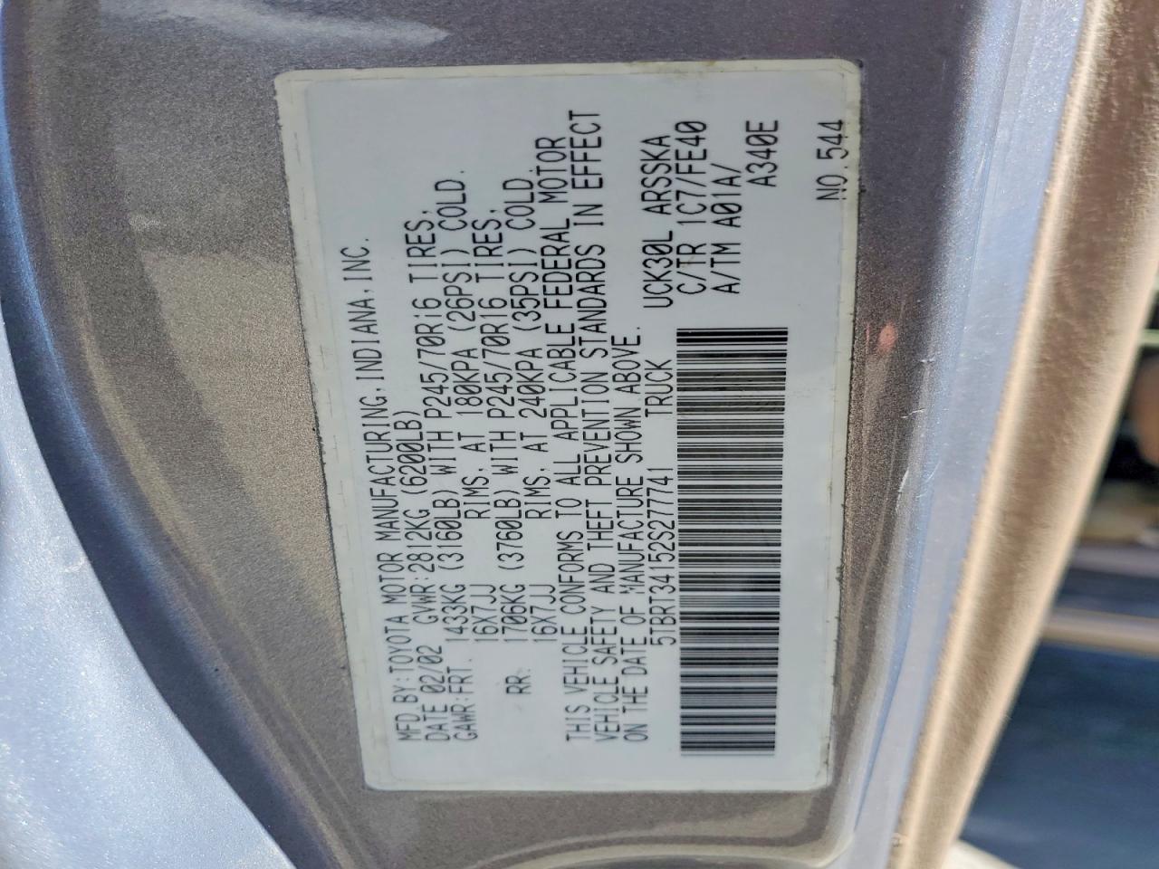 2002 Toyota Tundra Sr5 V8 Gray vin: 5TBRT34152S277741