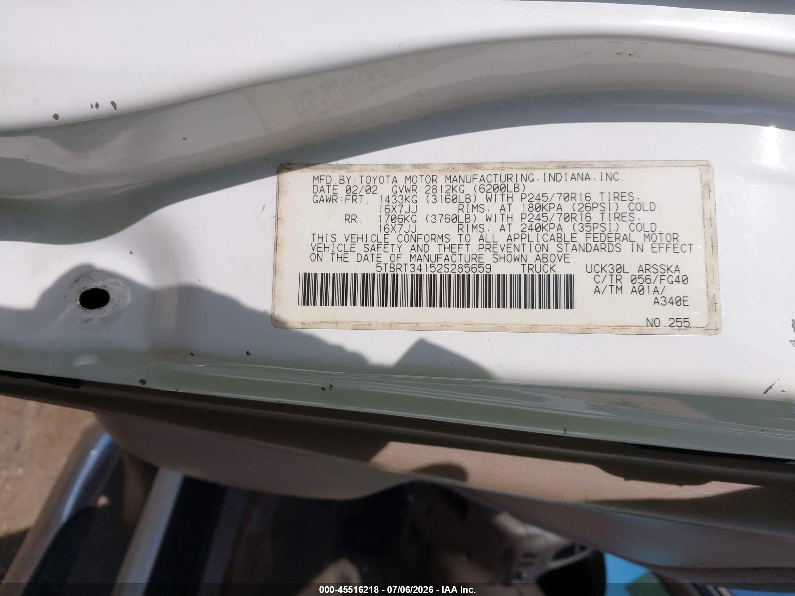 2002 Toyota Tundra Access Cab/access Cab Sr5 White vin: 5TBRT34152S285659