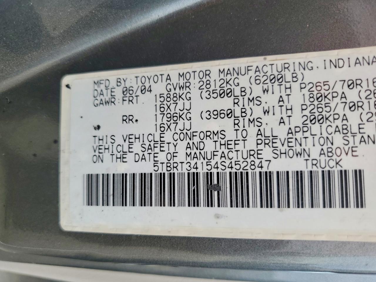 2004 Toyota Tundra Sr5 Gray vin: 5TBRT34154S452847